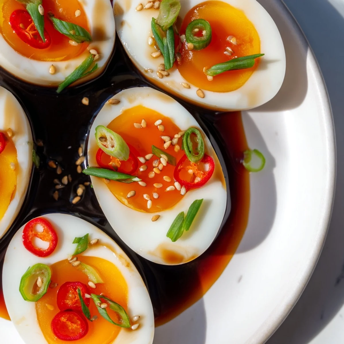 Korean marinated eggs displayed on a plate with sesame seeds and fresh chili for a savory snack.