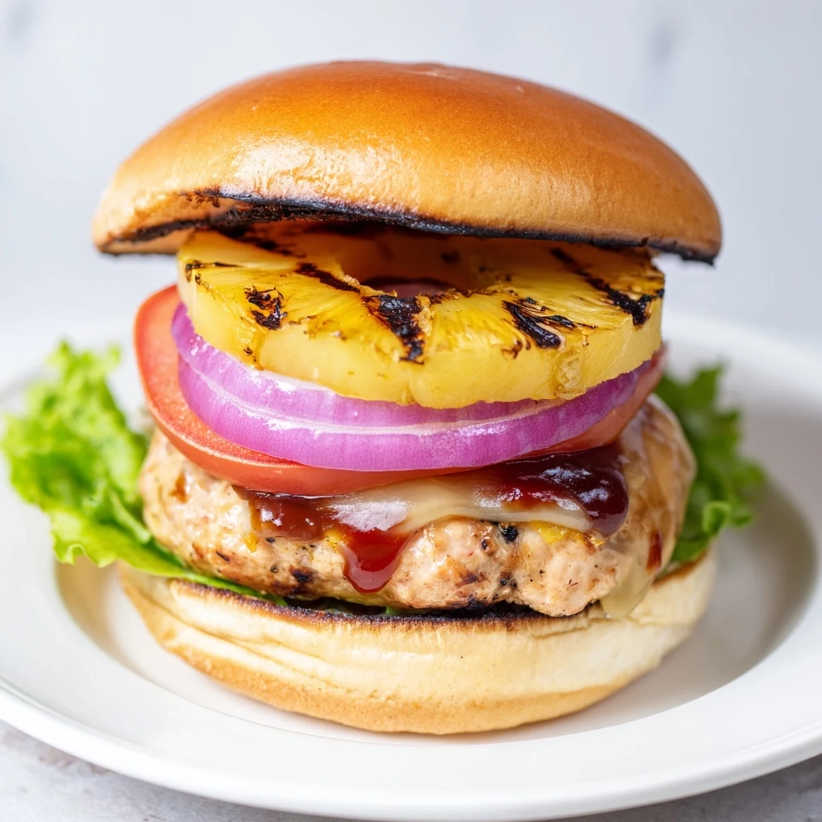 Golden-brown Hawaiian Pineapple Chicken Burger with grilled pineapple and barbecue sauce on a toasted bun.