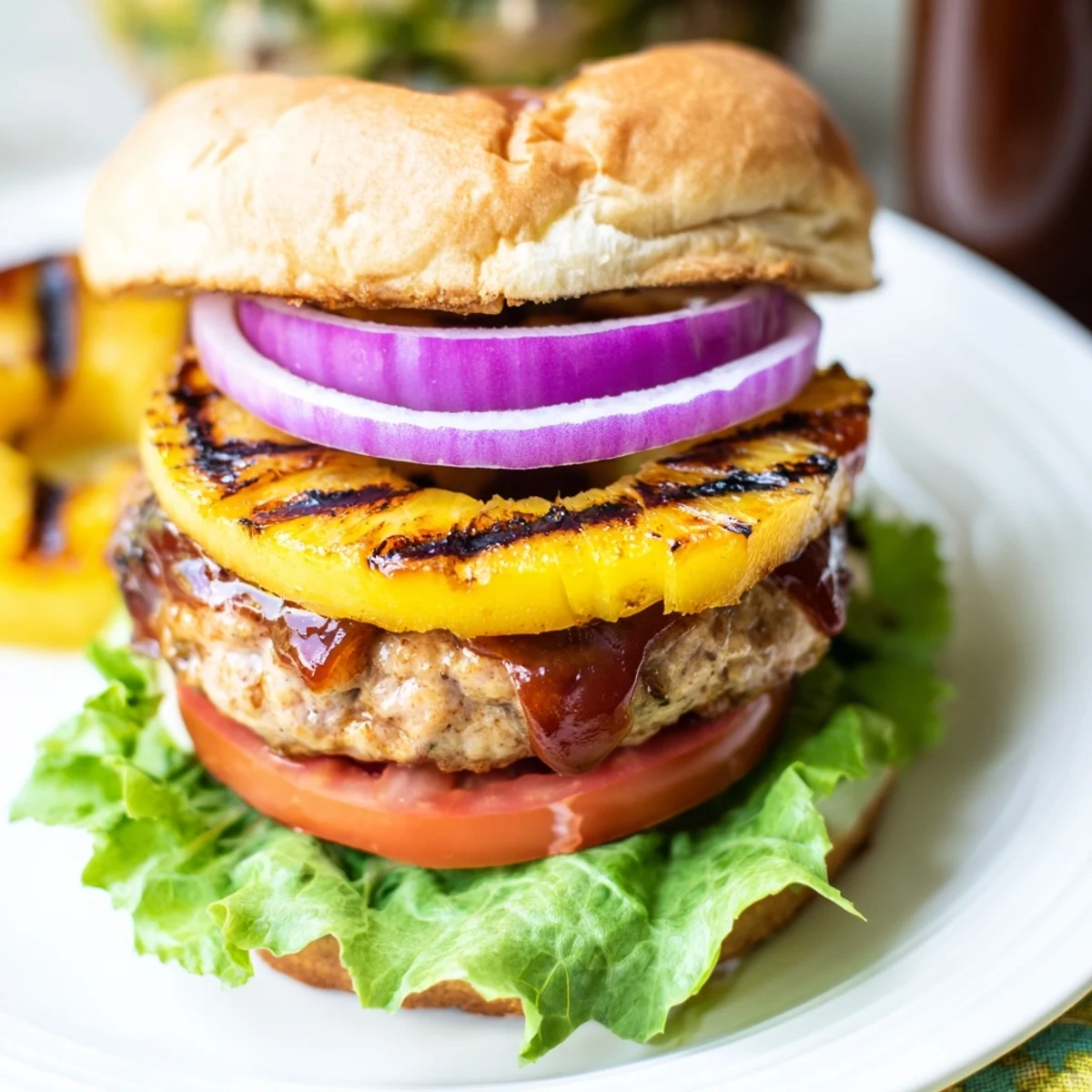 Melty cheese, fresh lettuce, and juicy tomato top this sizzling Hawaiian Pineapple Chicken Burger.