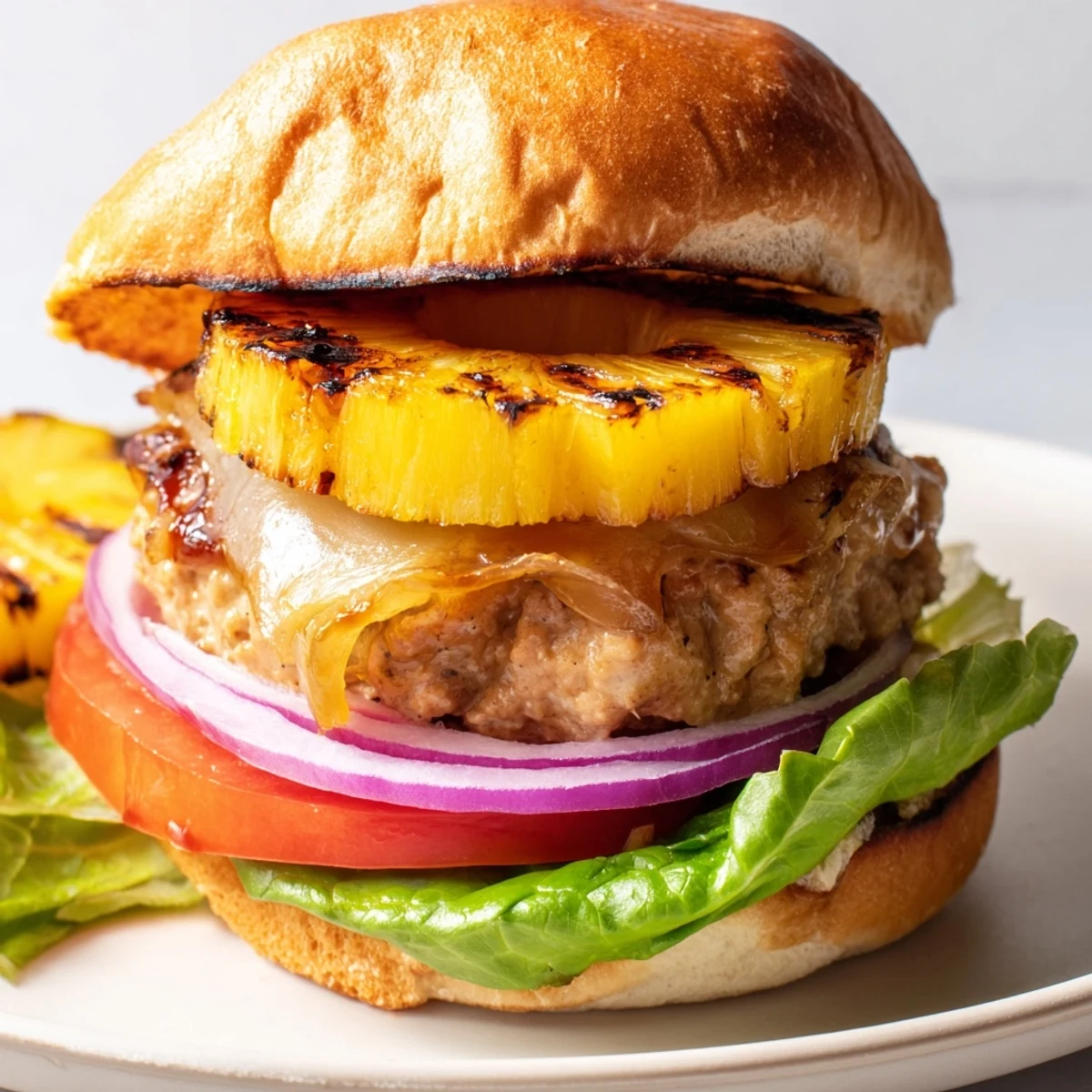 Close-up of a Hawaiian Pineapple Chicken Burger with caramelized pineapple and tangy barbecue sauce.