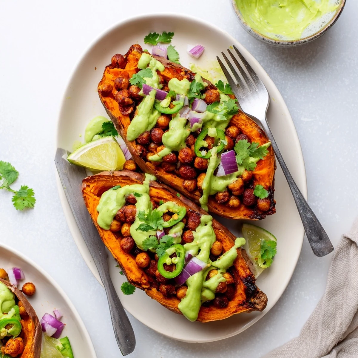 A vibrant plate of Vegan BBQ Chickpea Sweet Potatoes topped with fresh cilantro, jalapeño slices, and a dollop of vegan sour cream.