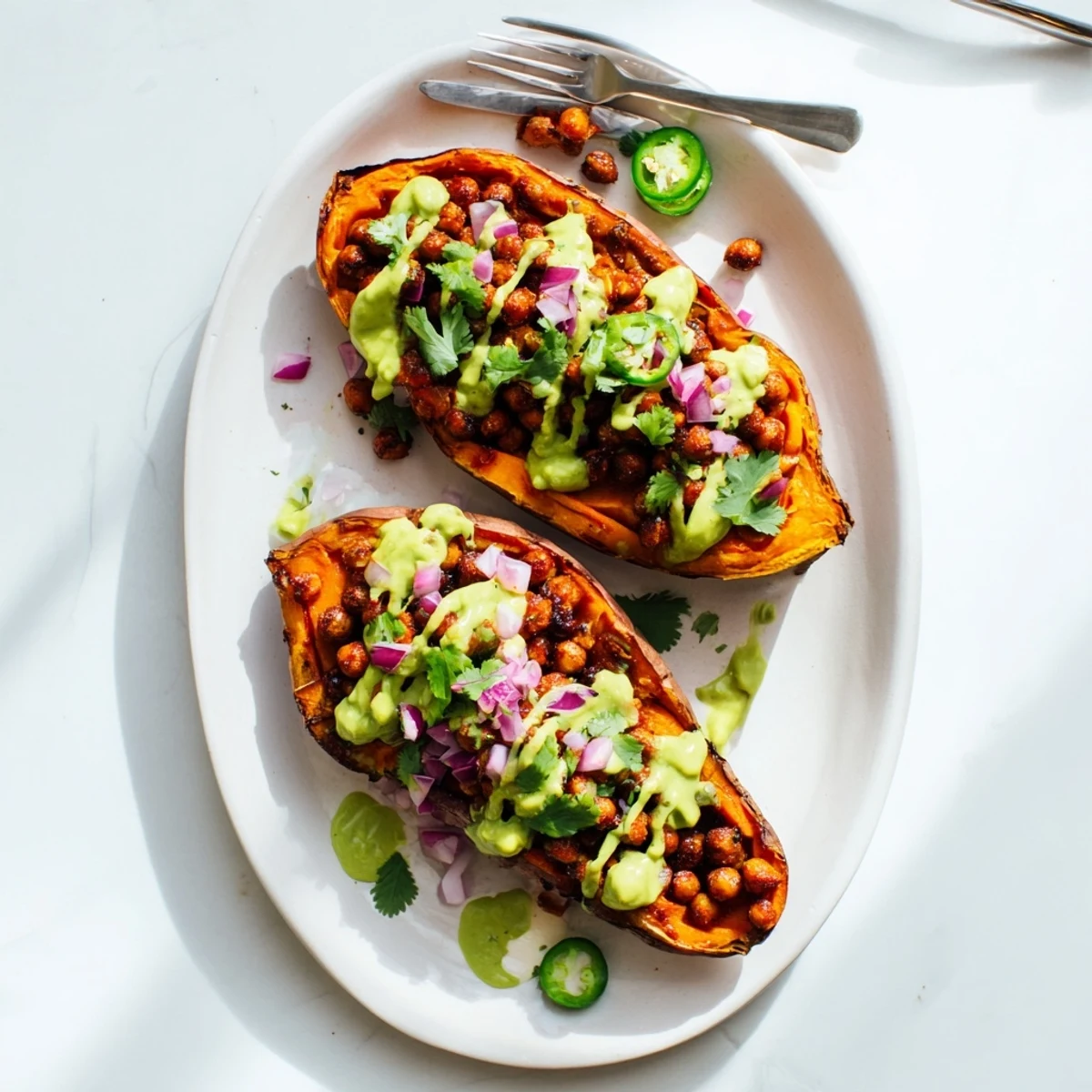 Roasted sweet potatoes stuffed with smoky BBQ chickpeas and drizzled with creamy avocado-lime sauce for a hearty vegan meal.