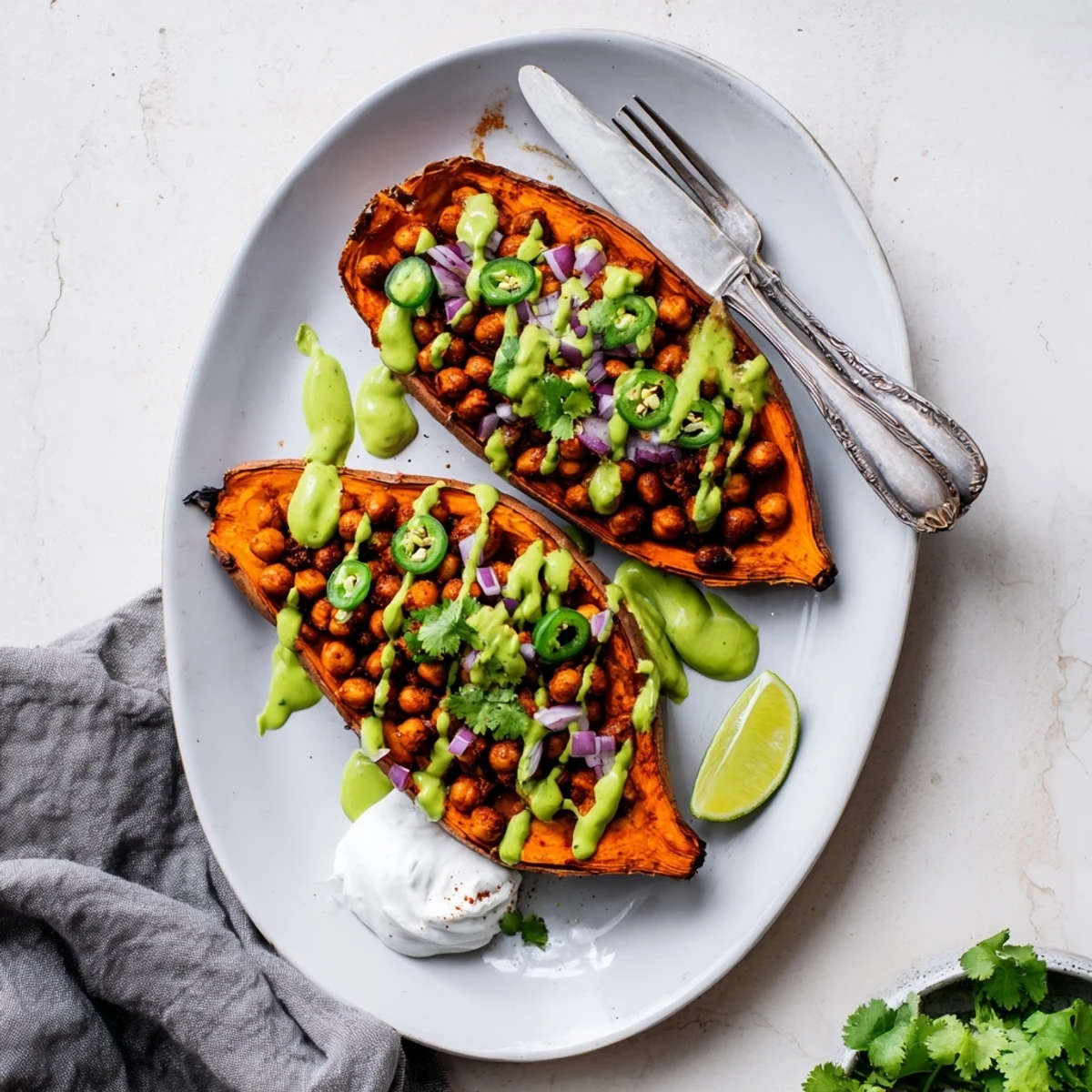 Close-up of Vegan BBQ Chickpea Sweet Potatoes showing fork-fluffed sweet potato flesh and saucy chickpeas ready for a satisfying dinner.