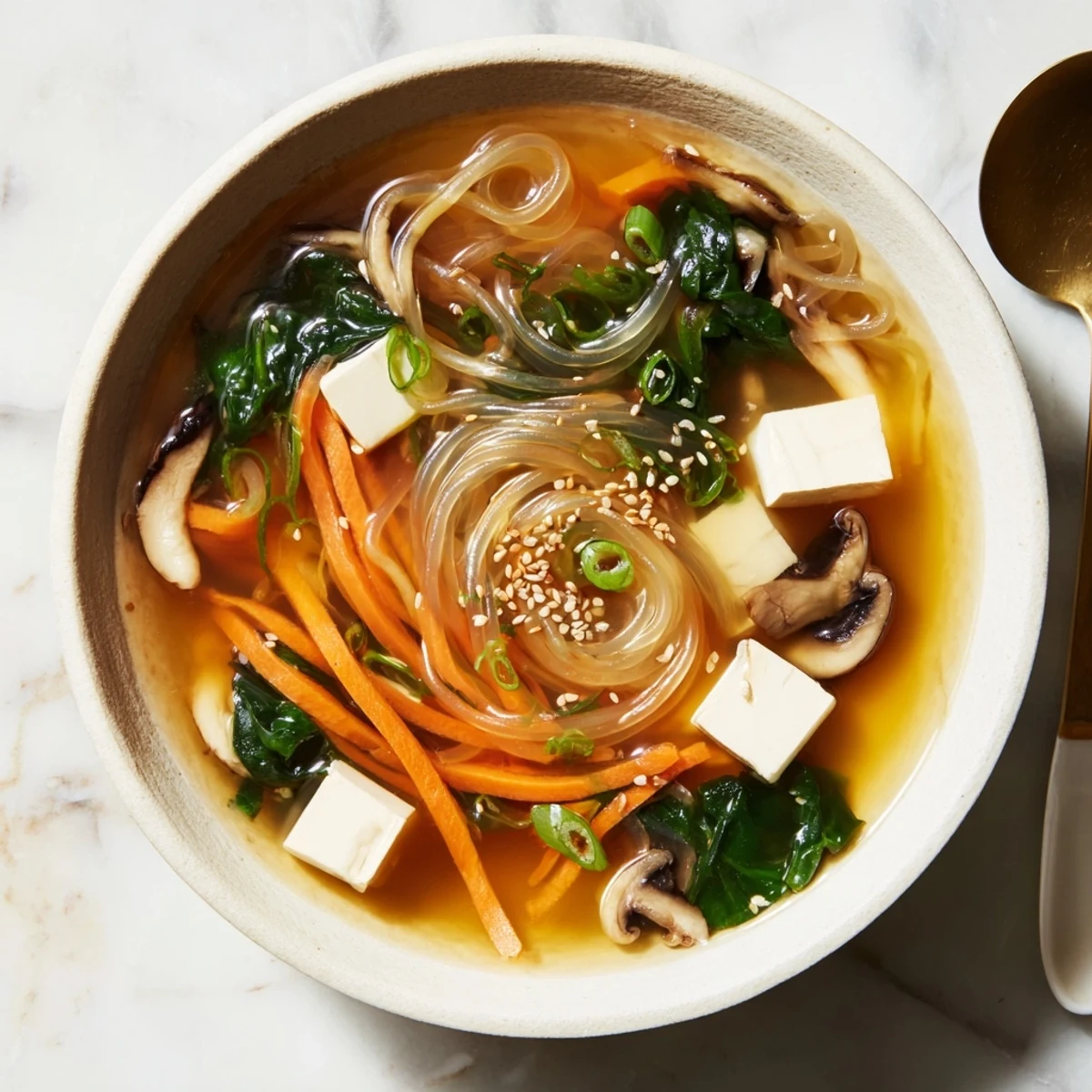 Steaming Japanese Harusame Noodle Soup in a ceramic bowl with colorful vegetables.