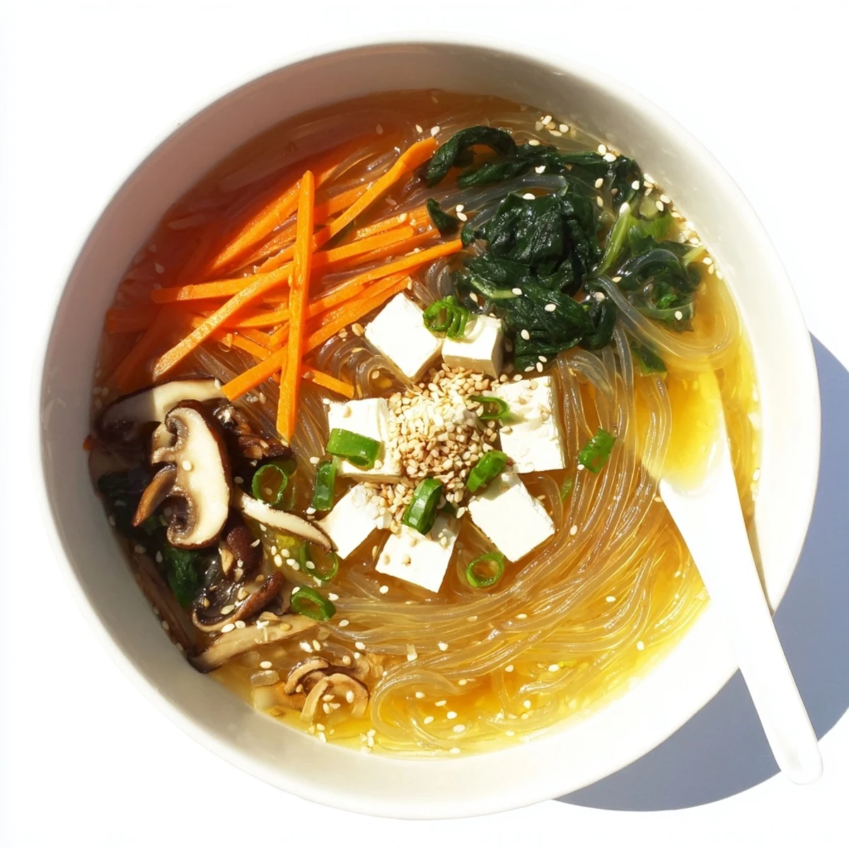 A close-up of Japanese Harusame Noodle Soup garnished with green onions and sesame seeds.
