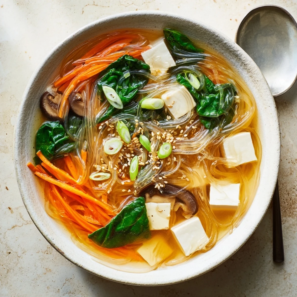A comforting bowl of Japanese Harusame Noodle Soup served with chopsticks on a wooden table.