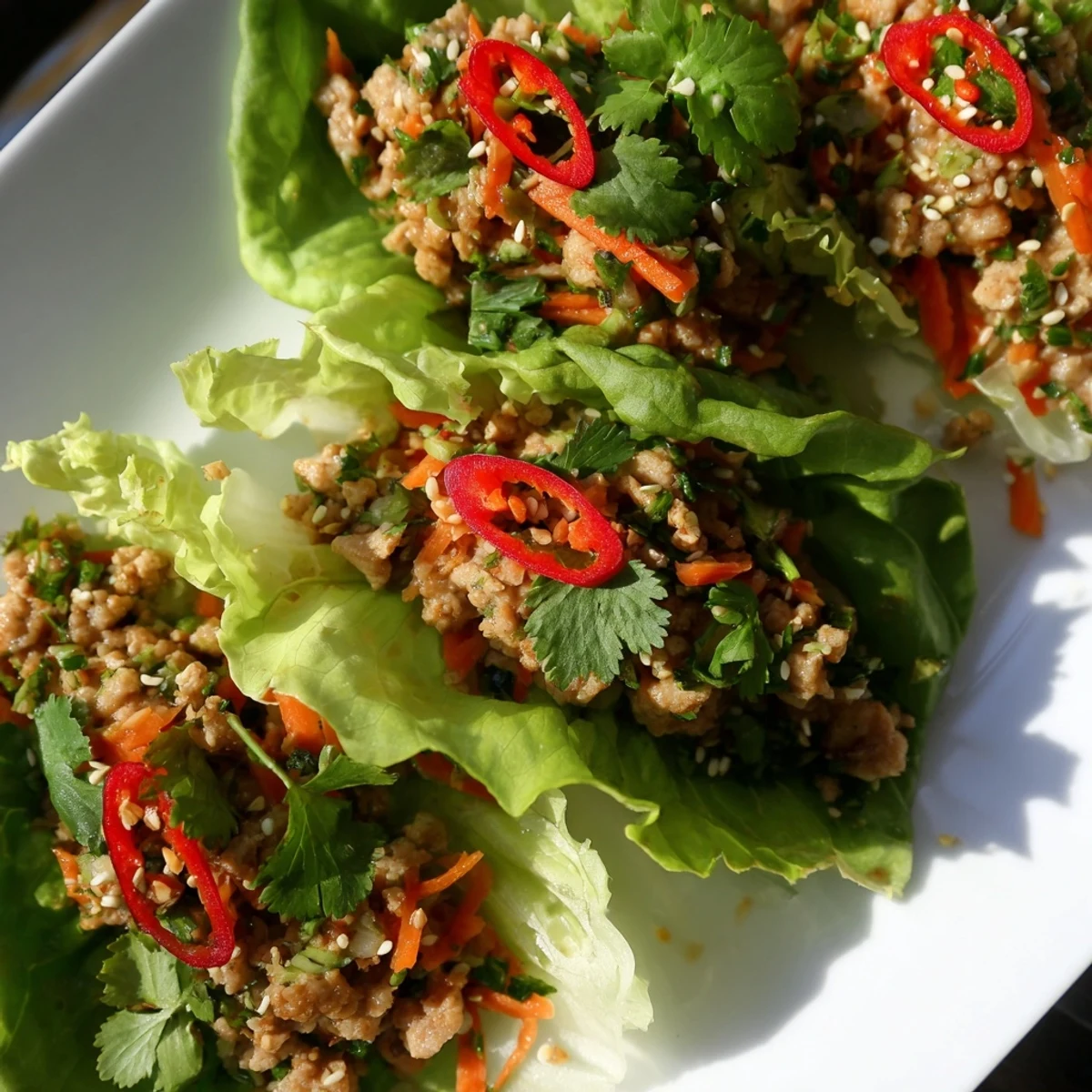 Crisp butter lettuce cups filled with savory Potsticker Chicken Lettuce Boats, garnished with fresh cilantro and toasted sesame seeds.