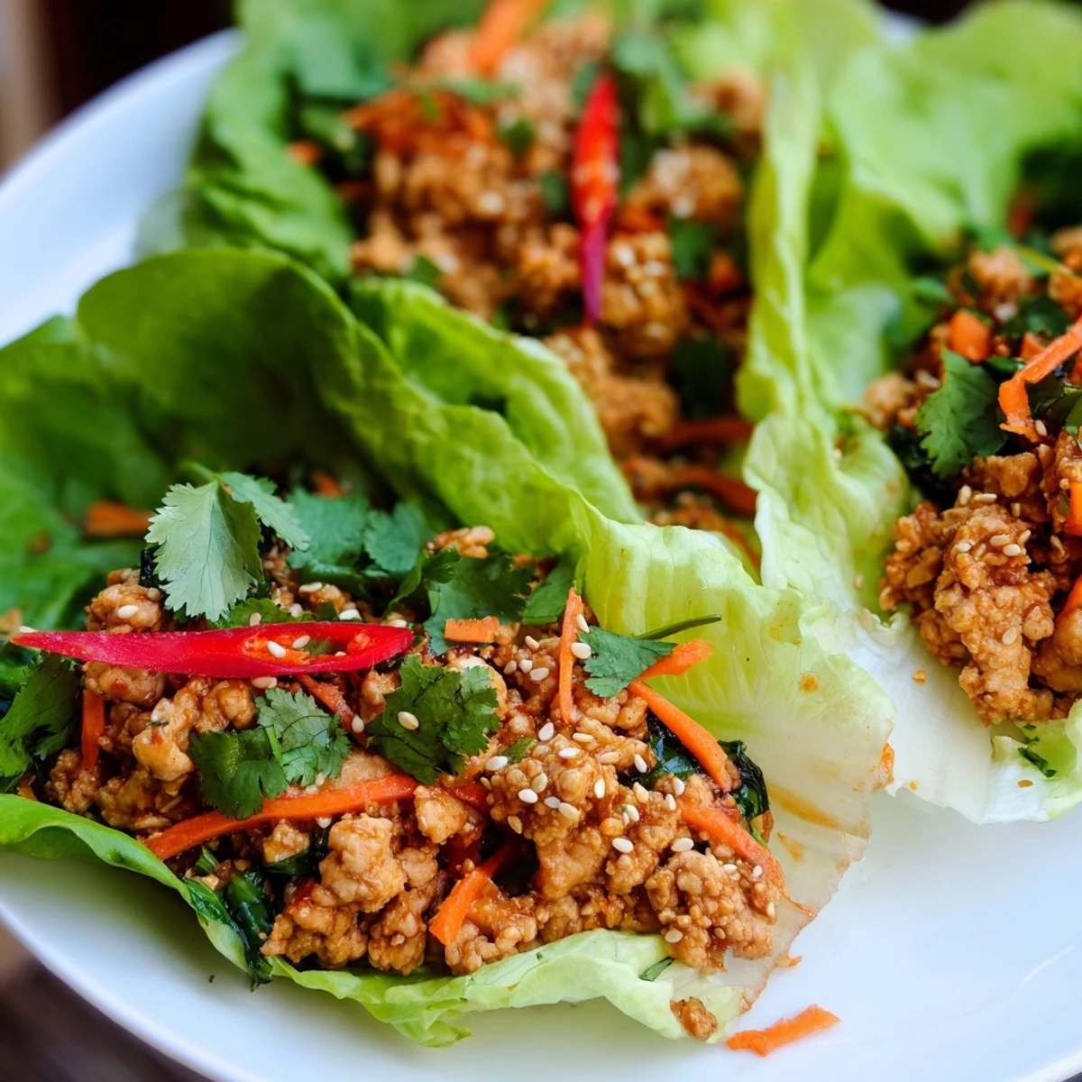 Warm ground chicken mixture with ginger and carrots spooned into Potsticker Chicken Lettuce Boats, served with a small dipping sauce.