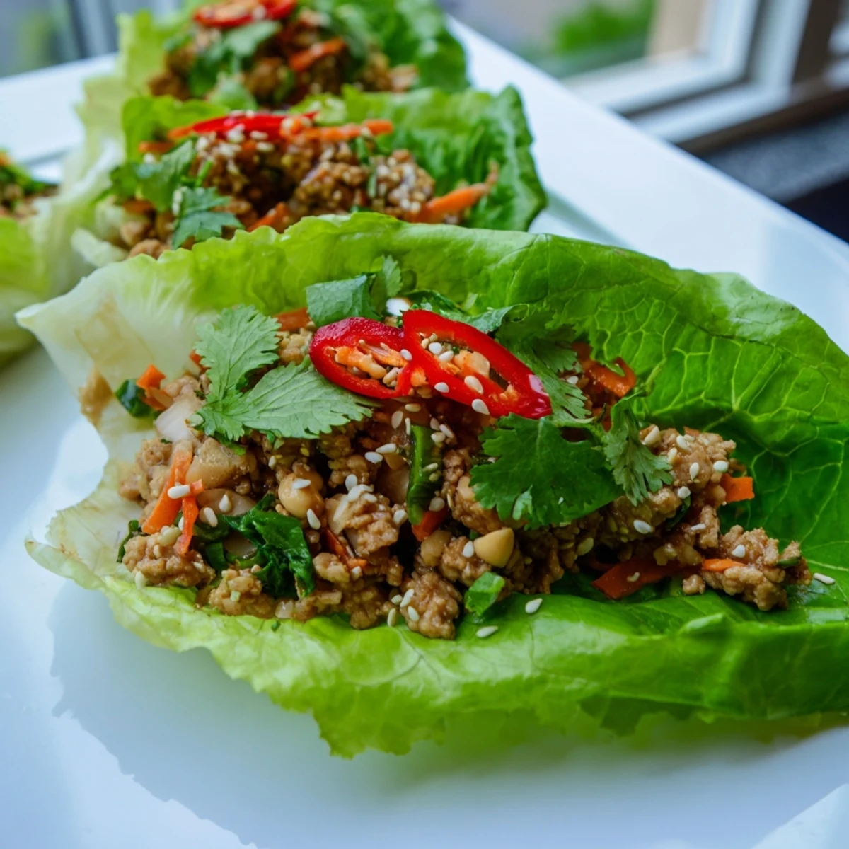 Juicy Potsticker Chicken Lettuce Boats topped with sliced red chili and sesame seeds, arranged neatly for a light low-carb meal.