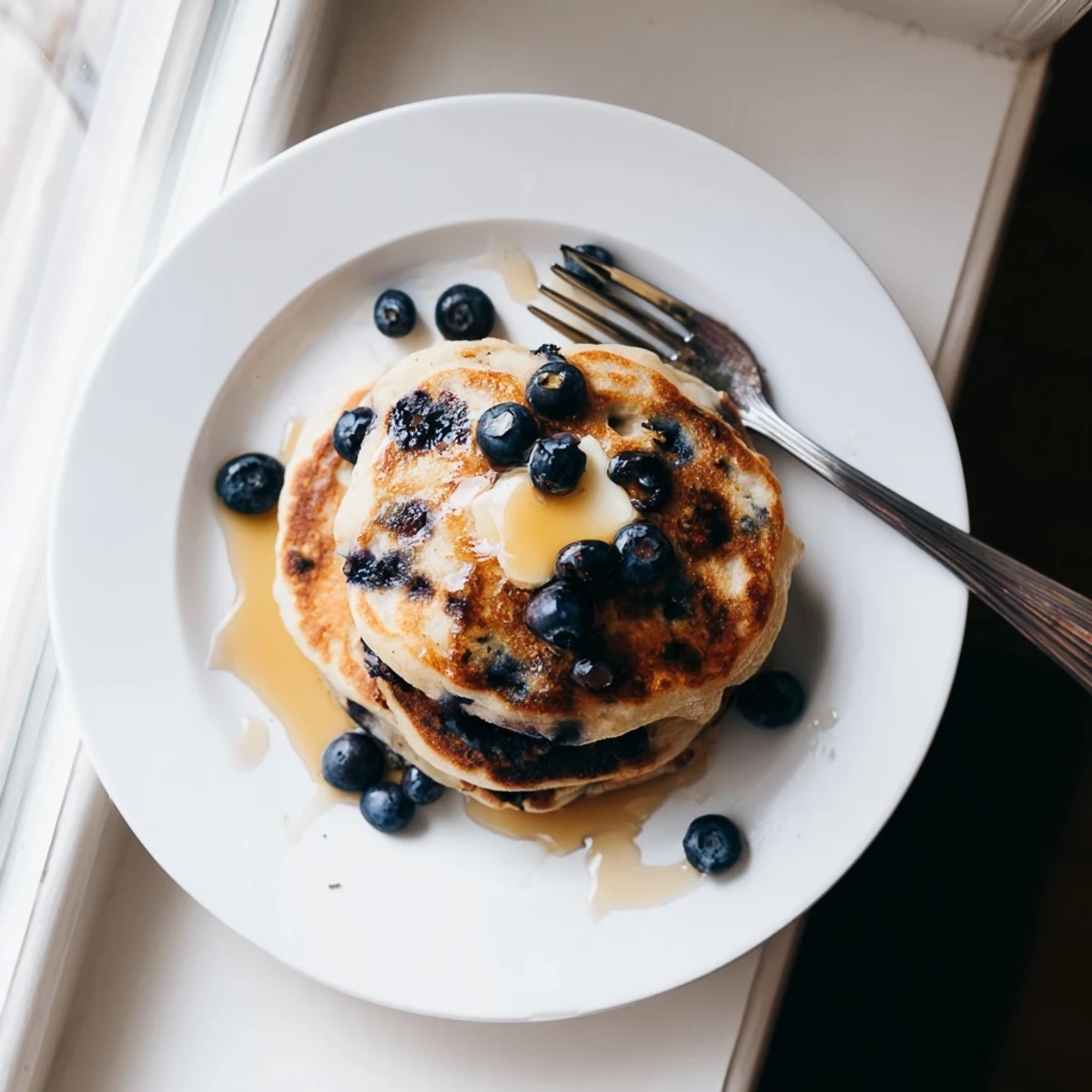 Fluffy Greek Yogurt Blueberry Pancakes stacked high on a white plate with melting butter and a drizzle of maple syrup.