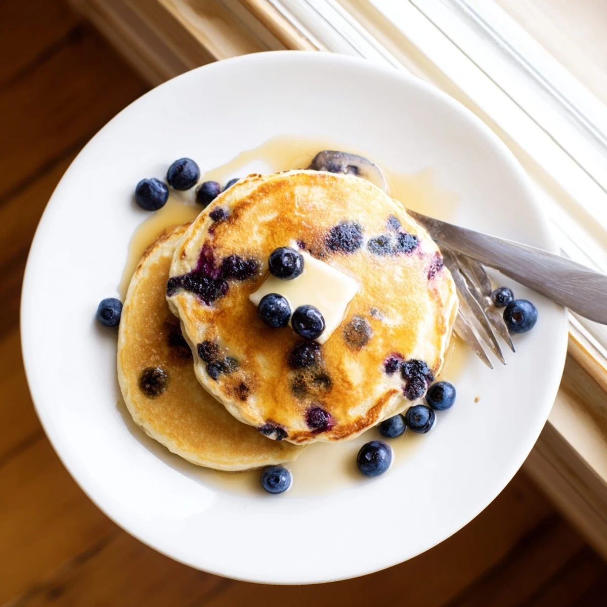 Golden Fluffy Greek Yogurt Blueberry Pancakes sizzling in a skillet, ready to be served for a wholesome American breakfast.