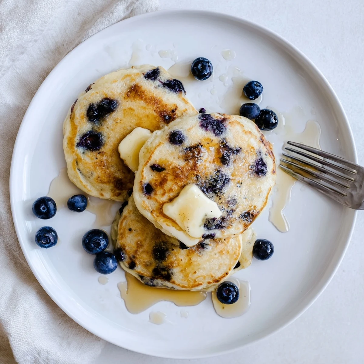 Freshly cooked Fluffy Greek Yogurt Blueberry Pancakes topped with extra blueberries and a dollop of tangy Greek yogurt.