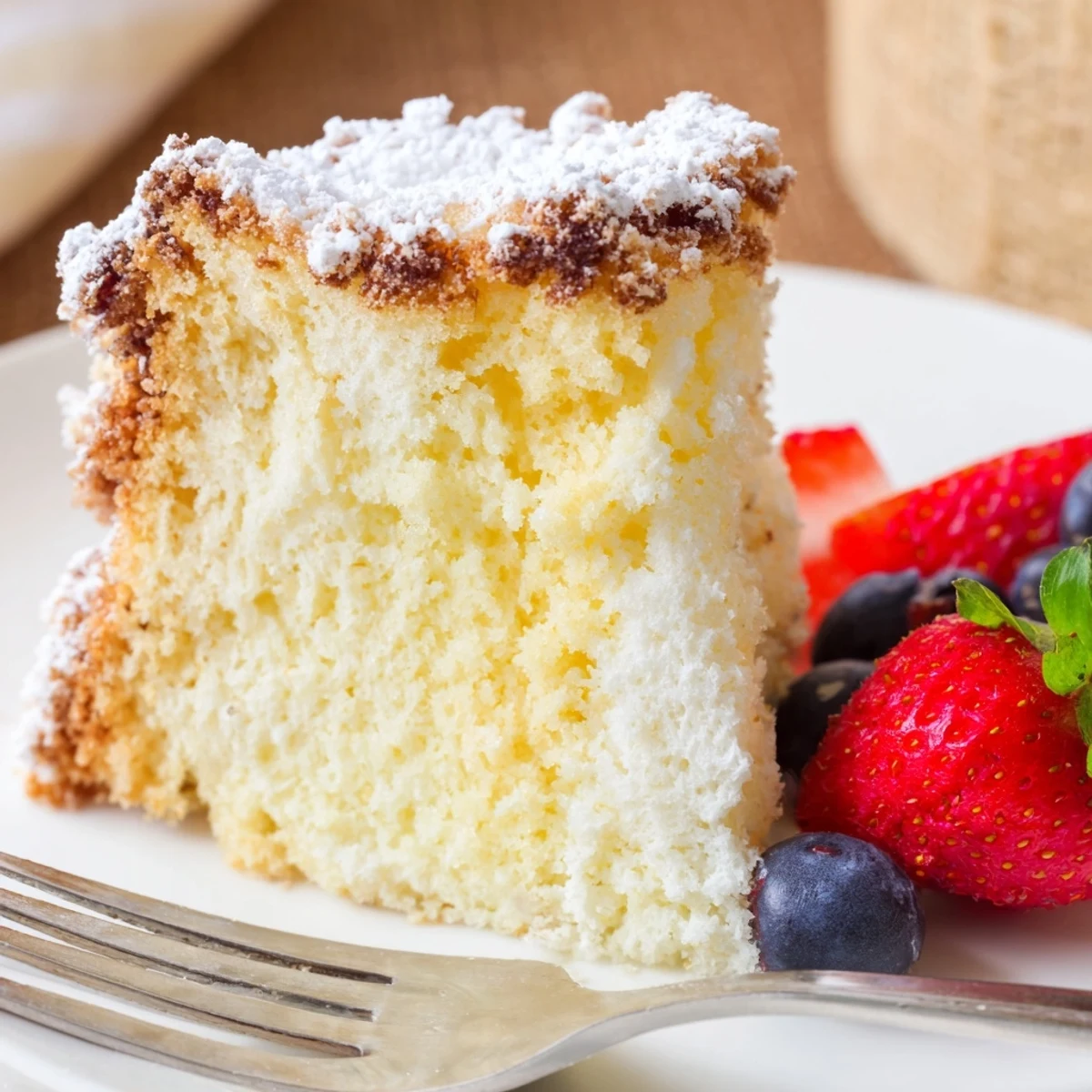 Golden-brown Fluffy Yogurt Cloud Cake on a white plate, dusted with powdered sugar and surrounded by fresh raspberries.