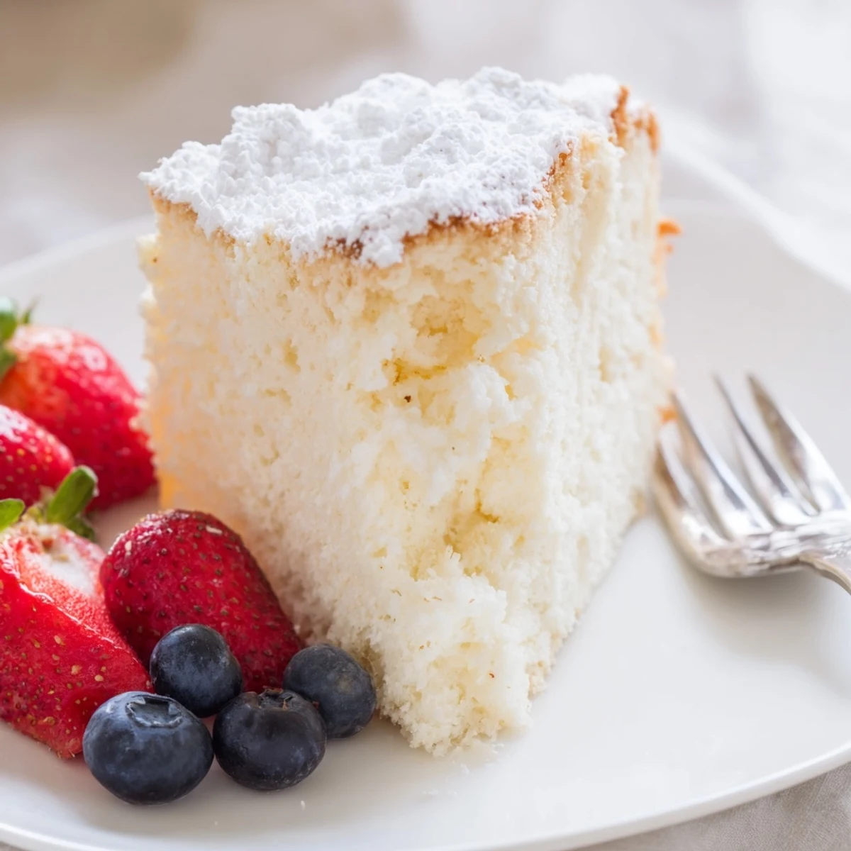 Freshly baked Fluffy Yogurt Cloud Cake with berries, served on a vintage dessert plate for afternoon tea.