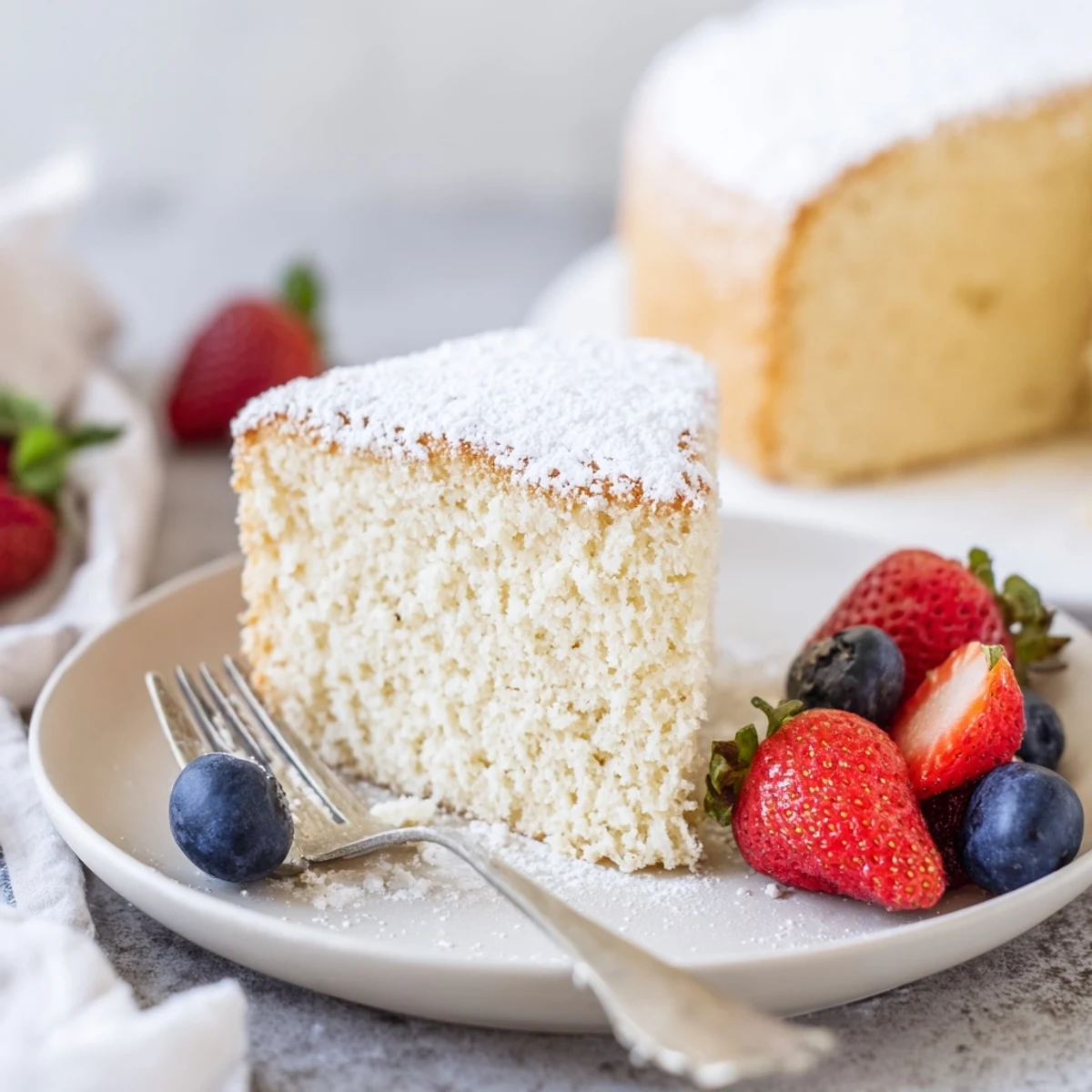 Slice of Fluffy Yogurt Cloud Cake showing airy crumb, creamy yogurt layer, and lemon zest garnish on a marble board.