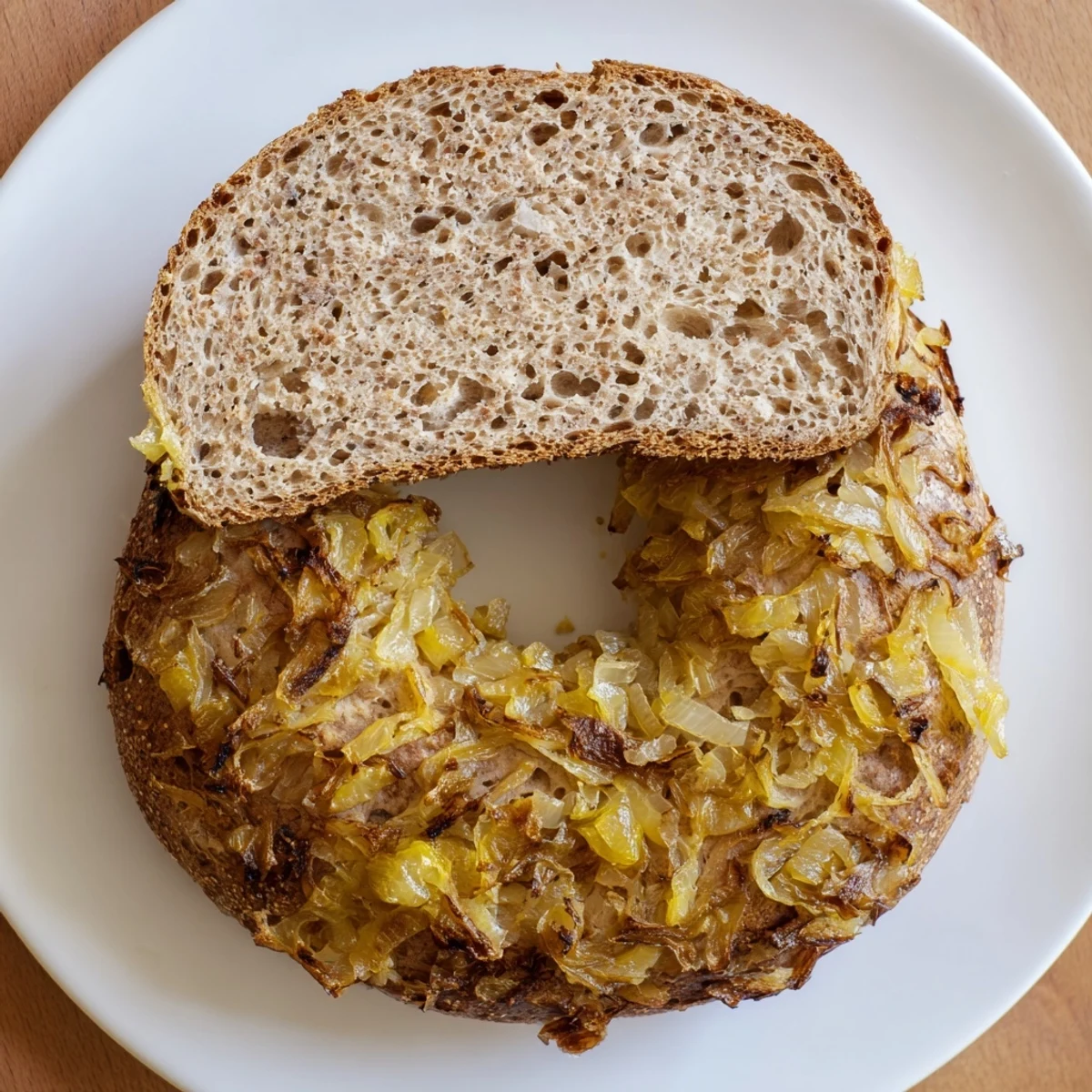 Golden-brown Sourdough Onion Bagels with sticky caramelized onions glistening on top, served on a rustic wooden board.