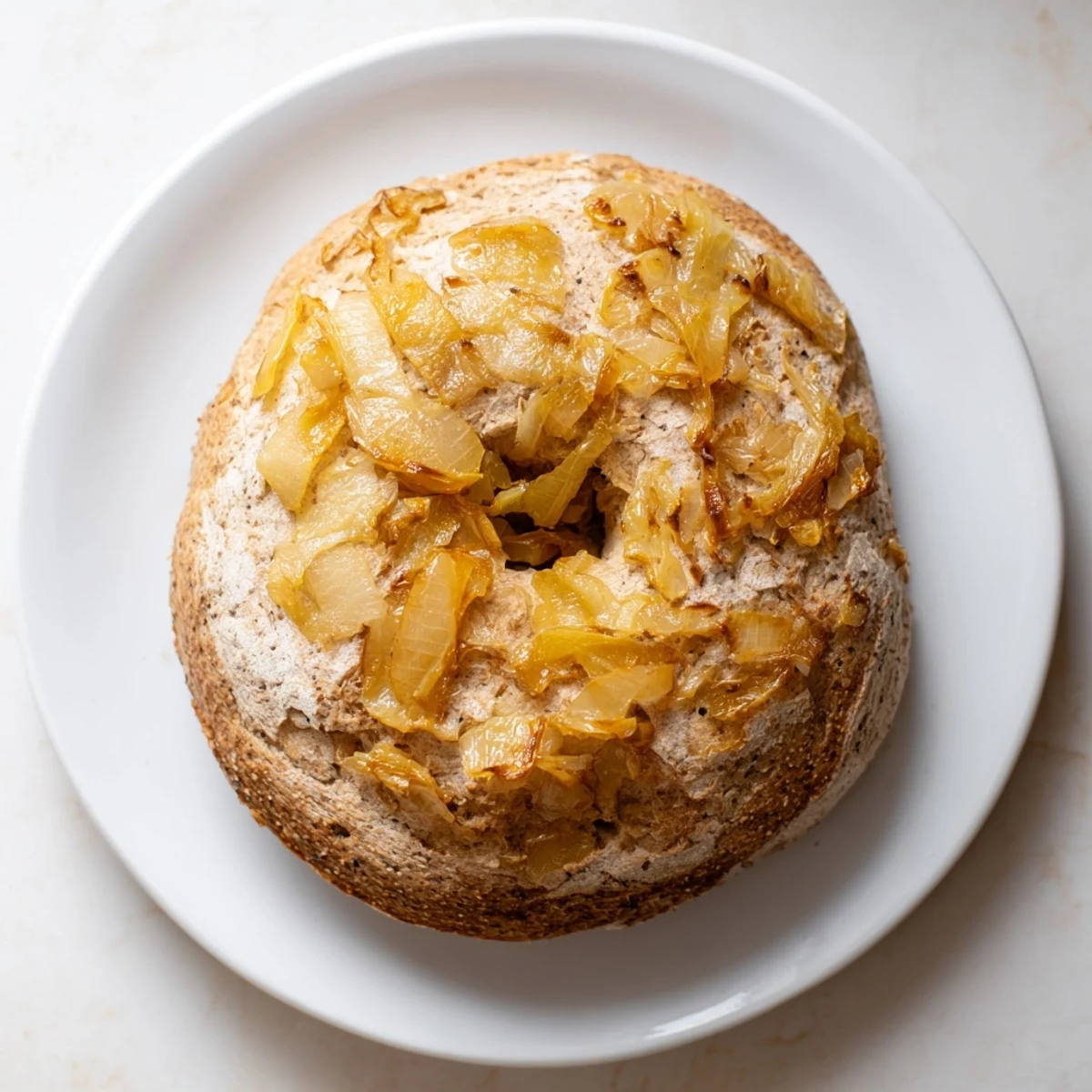 Warm Sourdough Onion Bagels topped with caramelized onions on a parchment-lined tray, ready for a cozy brunch.