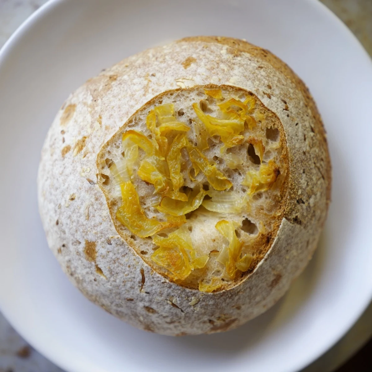 Freshly baked Sourdough Onion Bagels with chewy interiors and sweet, savory onions, sliced to show their texture.