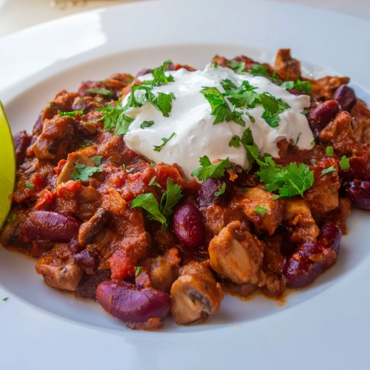 Steaming bowl of Chilli Mushroom Con Carne topped with fresh cilantro and a dollop of sour cream, served with lime wedges.