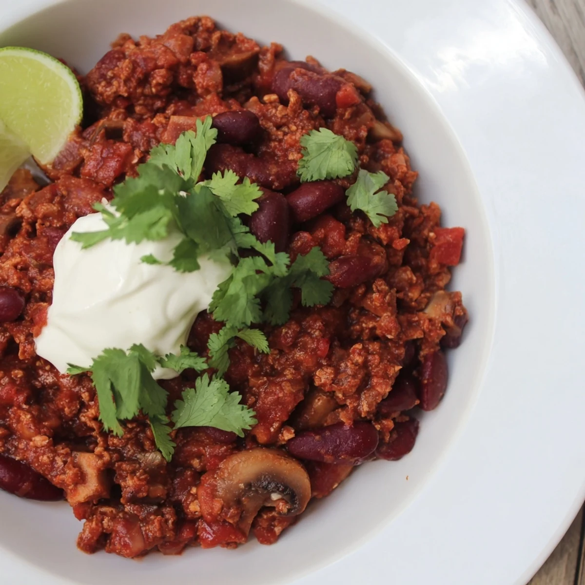 Hearty Chilli Mushroom Con Carne simmering in a pot, featuring browned mushrooms and kidney beans in a rich, spiced tomato sauce.