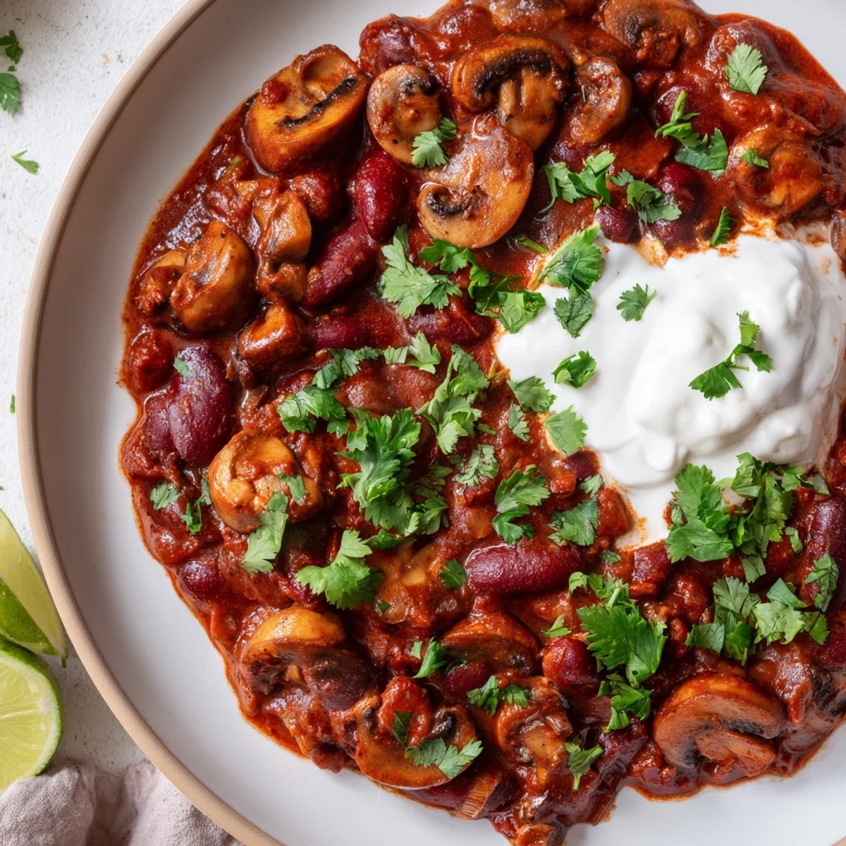 Close-up of Chilli Mushroom Con Carne in a rustic bowl, garnished with cilantro and a slice of lime, ready to enjoy.