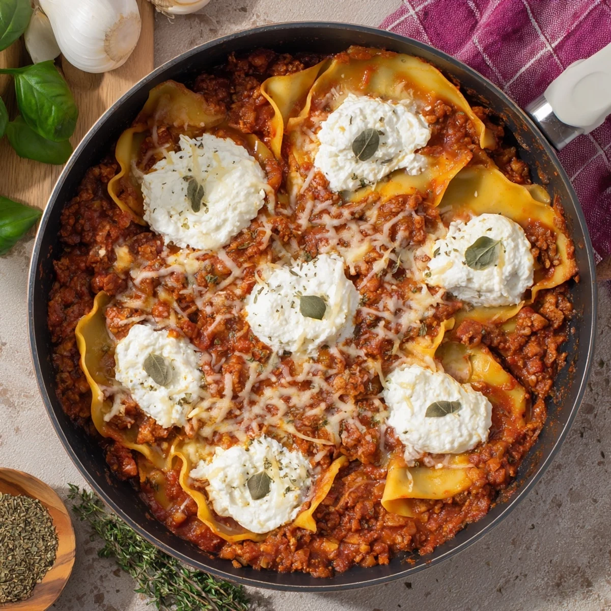 Cheats Frypan Lasagne bubbling in a single pan with melted mozzarella and fresh basil garnish.