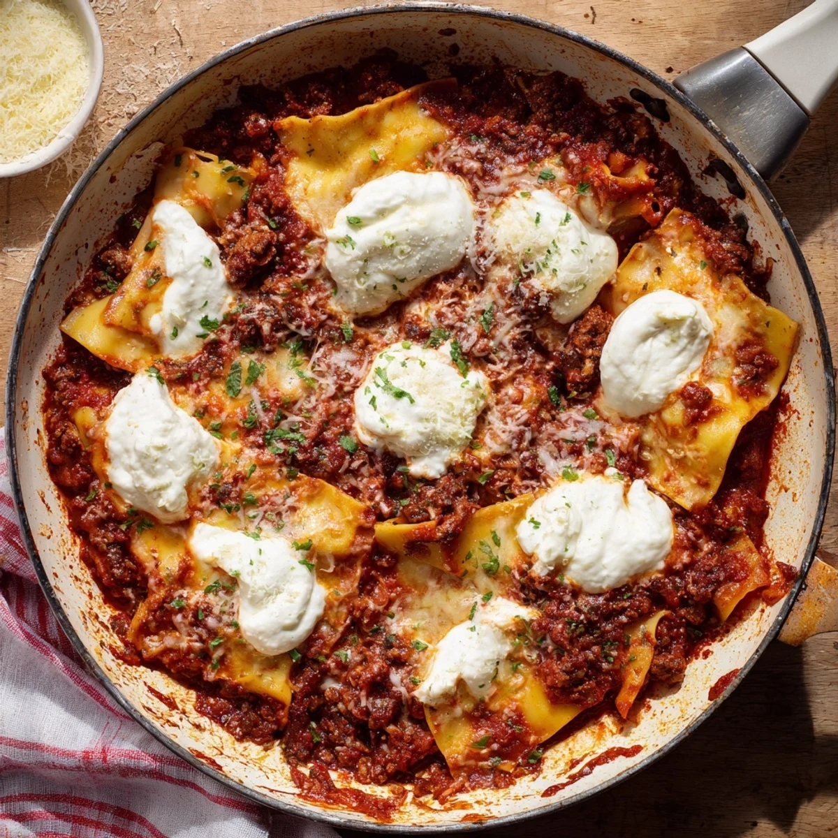 This image shows Cheats Frypan Lasagne served hot from the stovetop with a side salad.