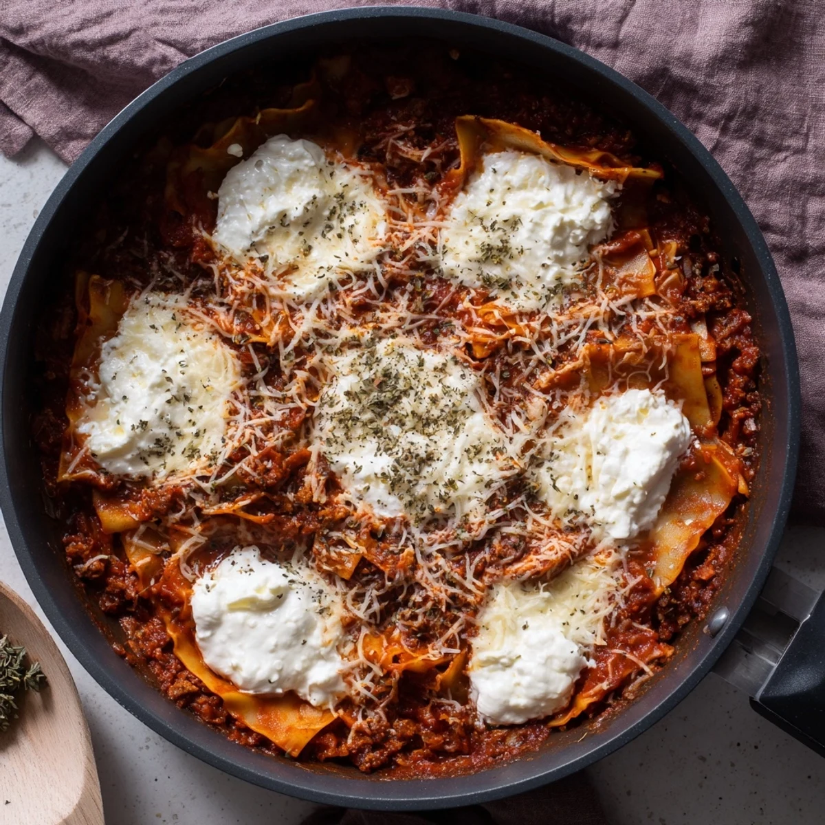 Close-up of Cheats Frypan Lasagne in a skillet, showcasing layered pasta and rich meat sauce.