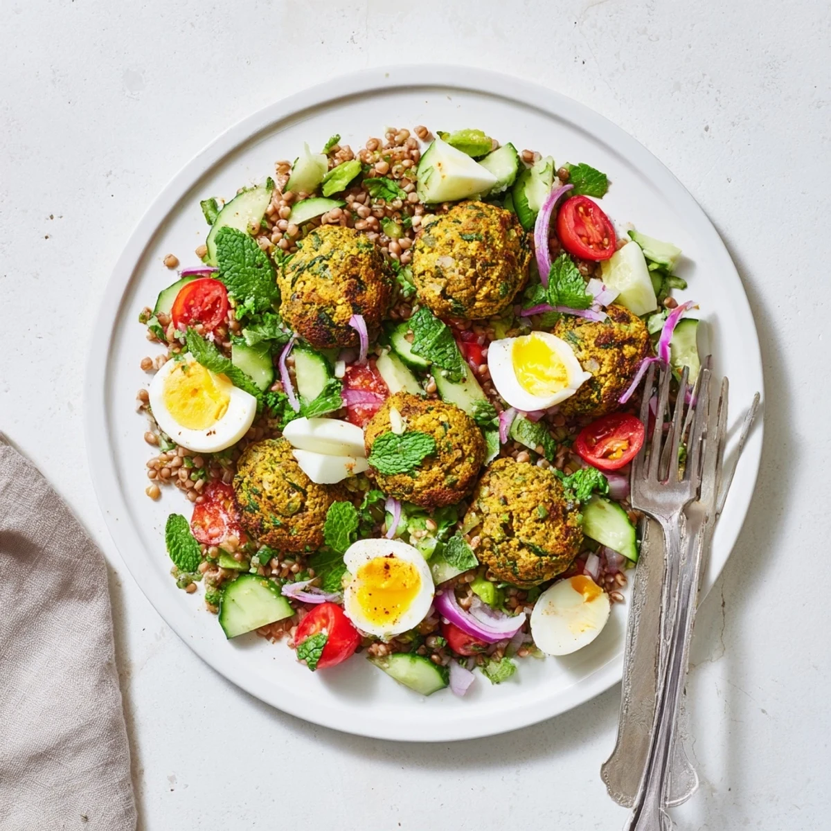 Crispy broccoli falafels with buckwheat, egg, and herb salad sit on a white plate, garnished with lemon wedges.  