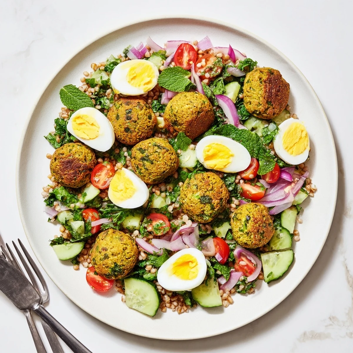 A wholesome serving of broccoli falafels with buckwheat, egg, and herb salad, drizzled with lemon dressing.