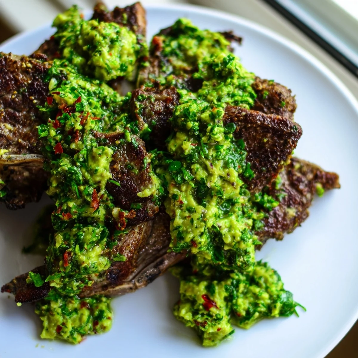 Golden-brown BBQ lamb with avocado chimichurri dressing, garnished with fresh herbs and lemon wedges, ready for a summer dinner party serving.