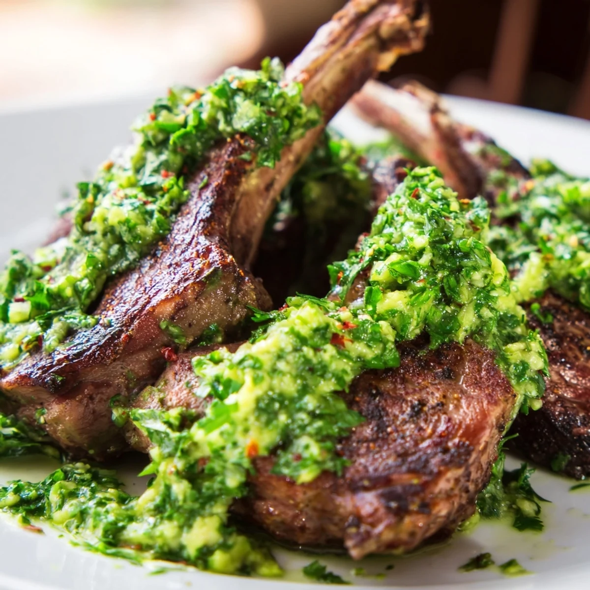 Sizzling grilled lamb chops coated in smoky paprika and cumin, resting next to a vibrant green avocado chimichurri on a rustic platter.
