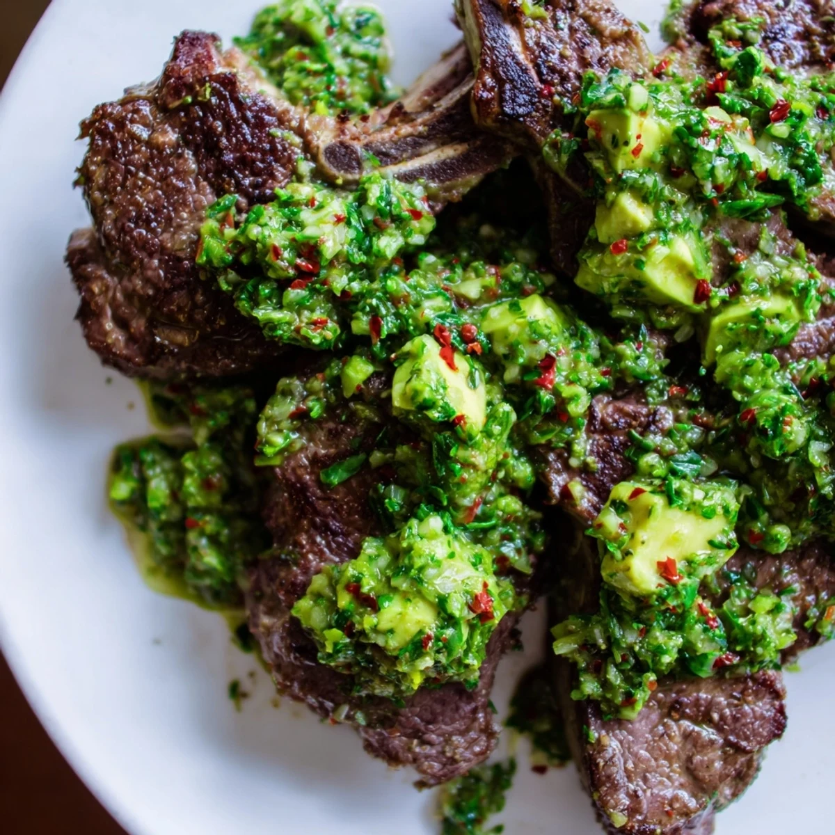 Close-up of tender lamb chops topped with creamy avocado chimichurri, with a side of grilled vegetables and a chilled glass of red wine.