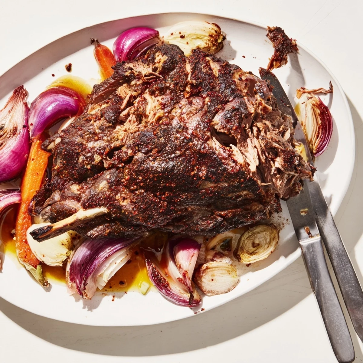 A beautifully plated serving of Slow Roasted Harissa Lamb Shoulder with tender shredded meat and roasted vegetables.