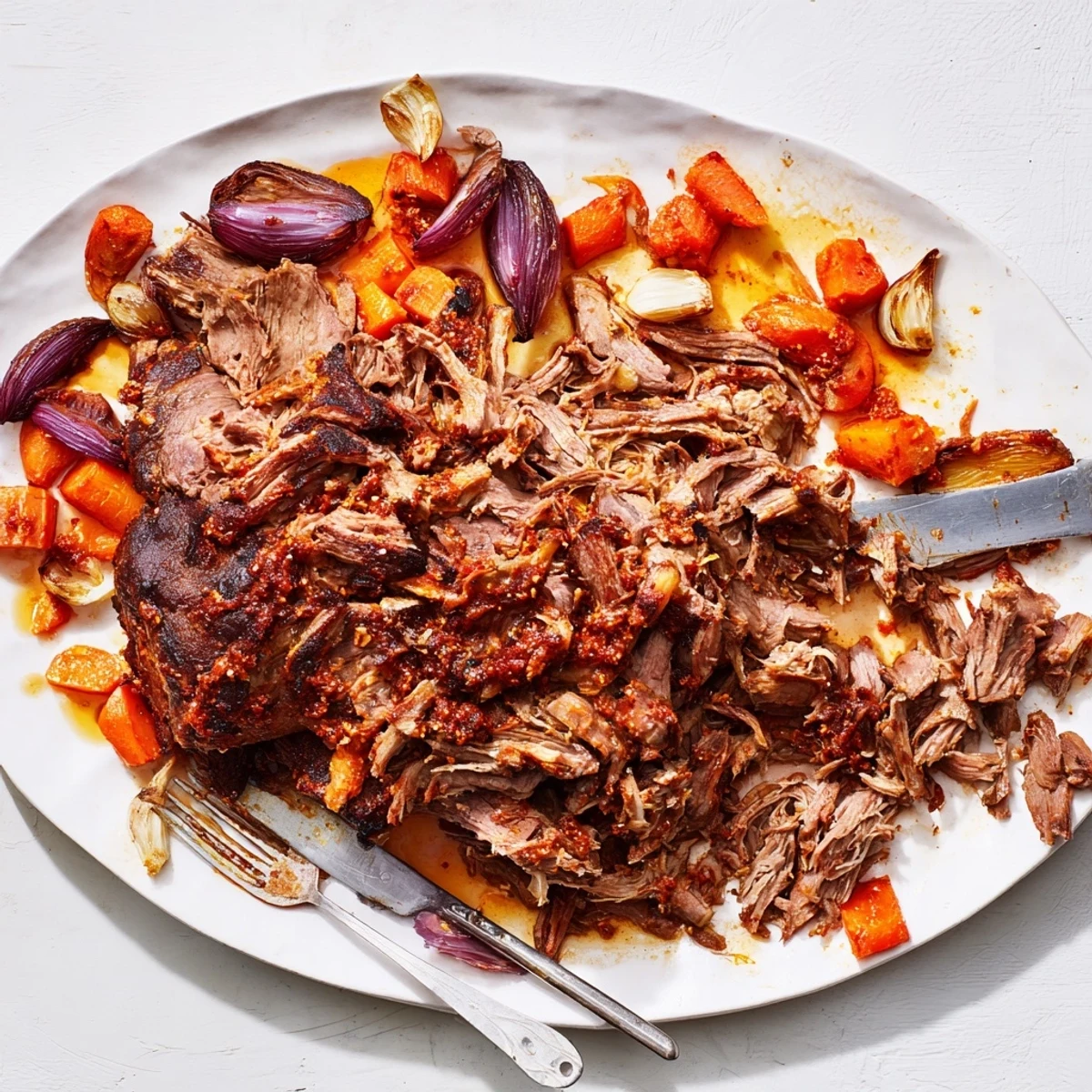 The Slow Roasted Harissa Lamb Shoulder rests on a platter, glistening with rich, smoky pan juices.