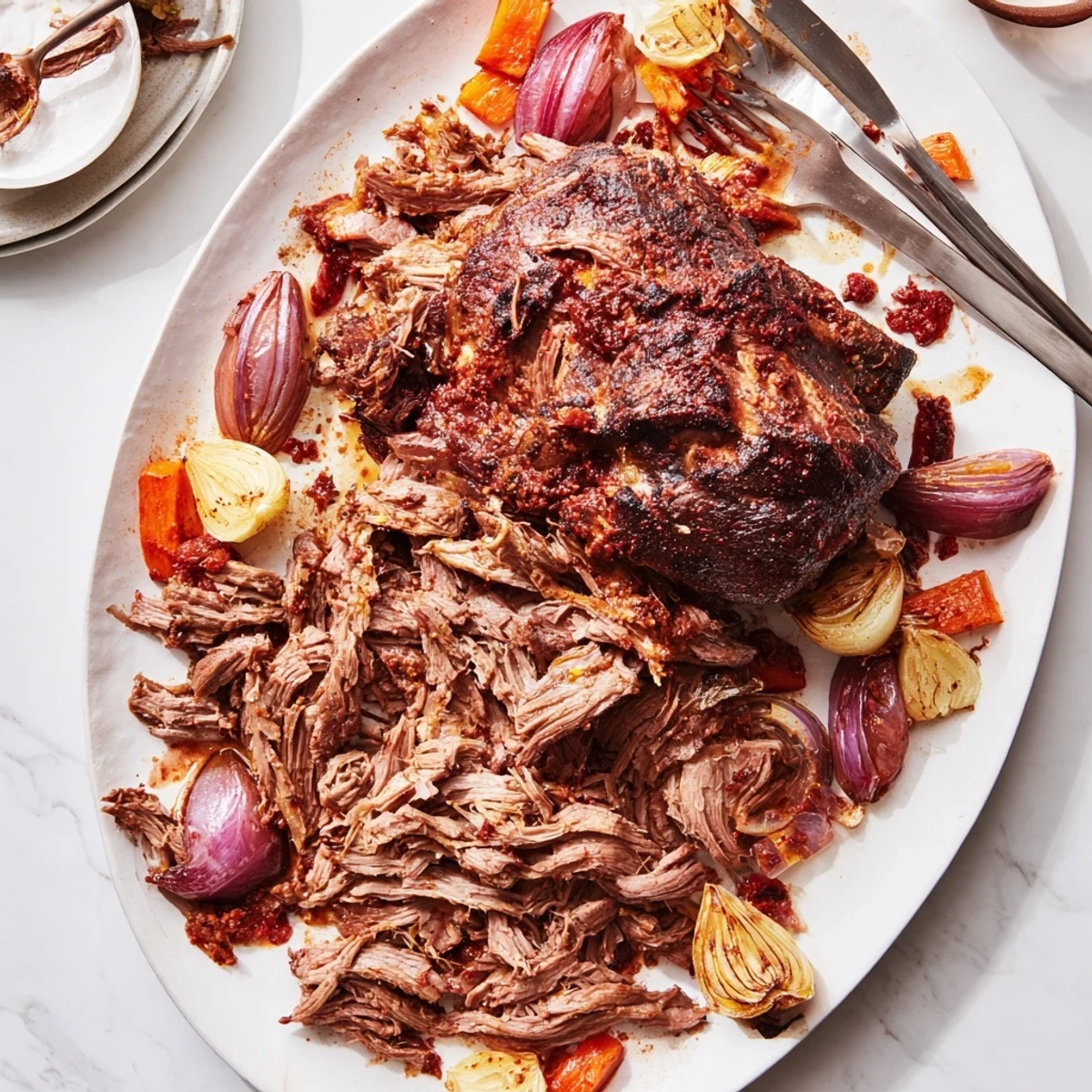 Close-up on the Slow Roasted Harissa Lamb Shoulder, highlighting its caramelized crust and succulent texture.