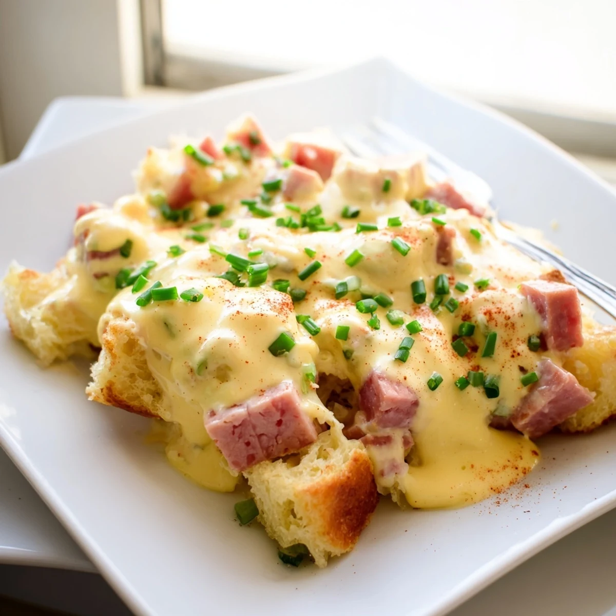 Golden-brown baked Overnight Eggs Benedict Casserole fresh from the oven, topped with creamy hollandaise sauce and fresh chives.