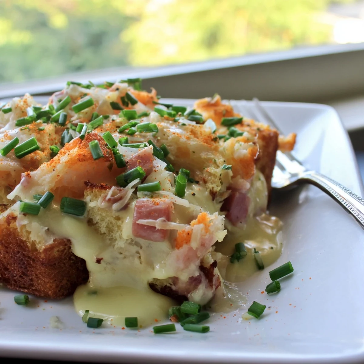 Sliced portion of Overnight Eggs Benedict Casserole showing layers of English muffin, Canadian bacon, and rich egg custard.