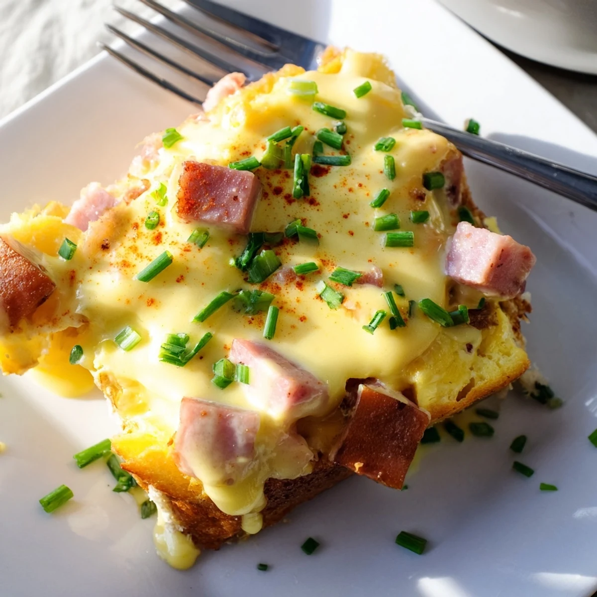 Serving of Overnight Eggs Benedict Casserole with hollandaise drizzle, perfect for a hearty American brunch with fresh fruit.