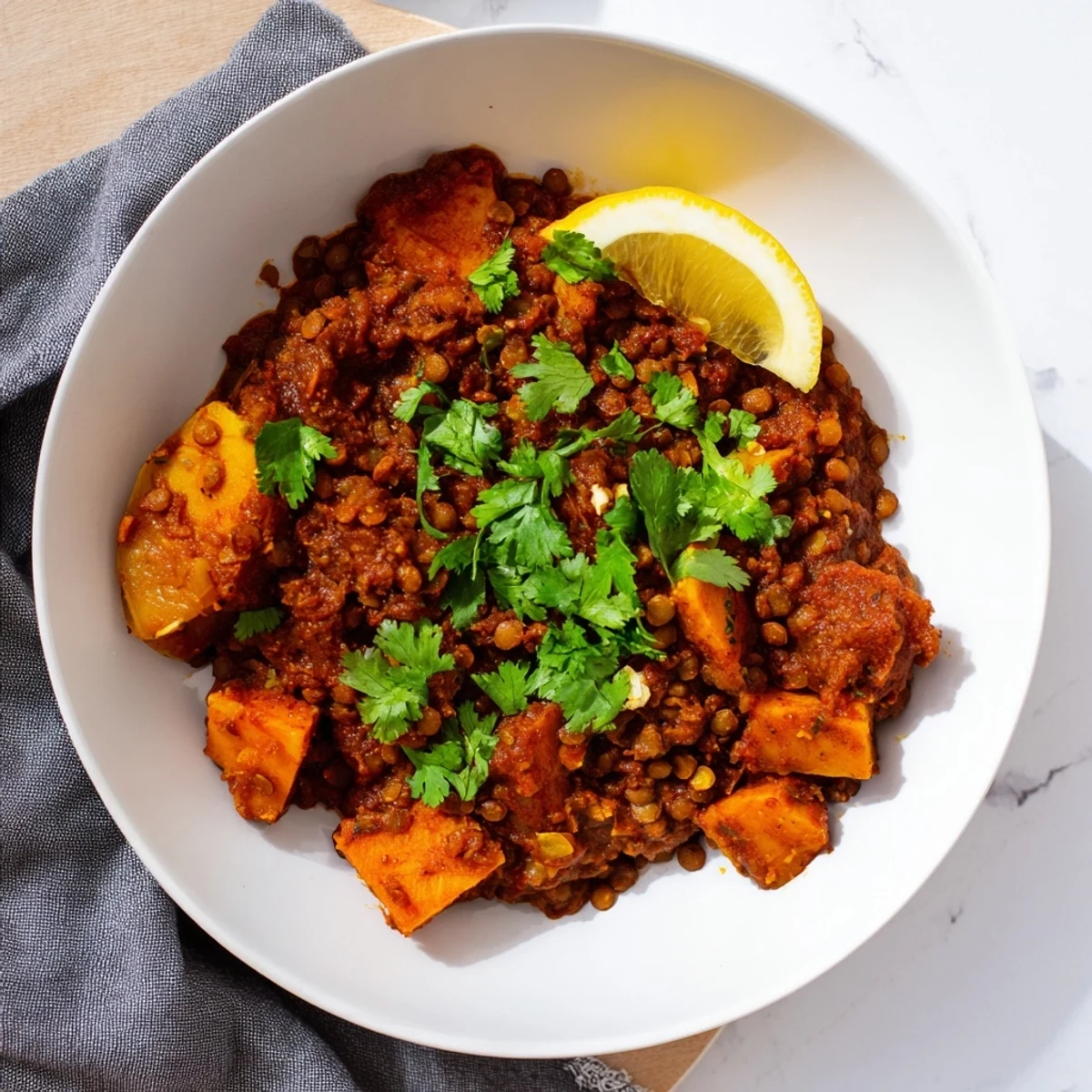 A close-up of Pumpkin and Lentil Rogan Josh Curry simmering in a pot with steam rising.