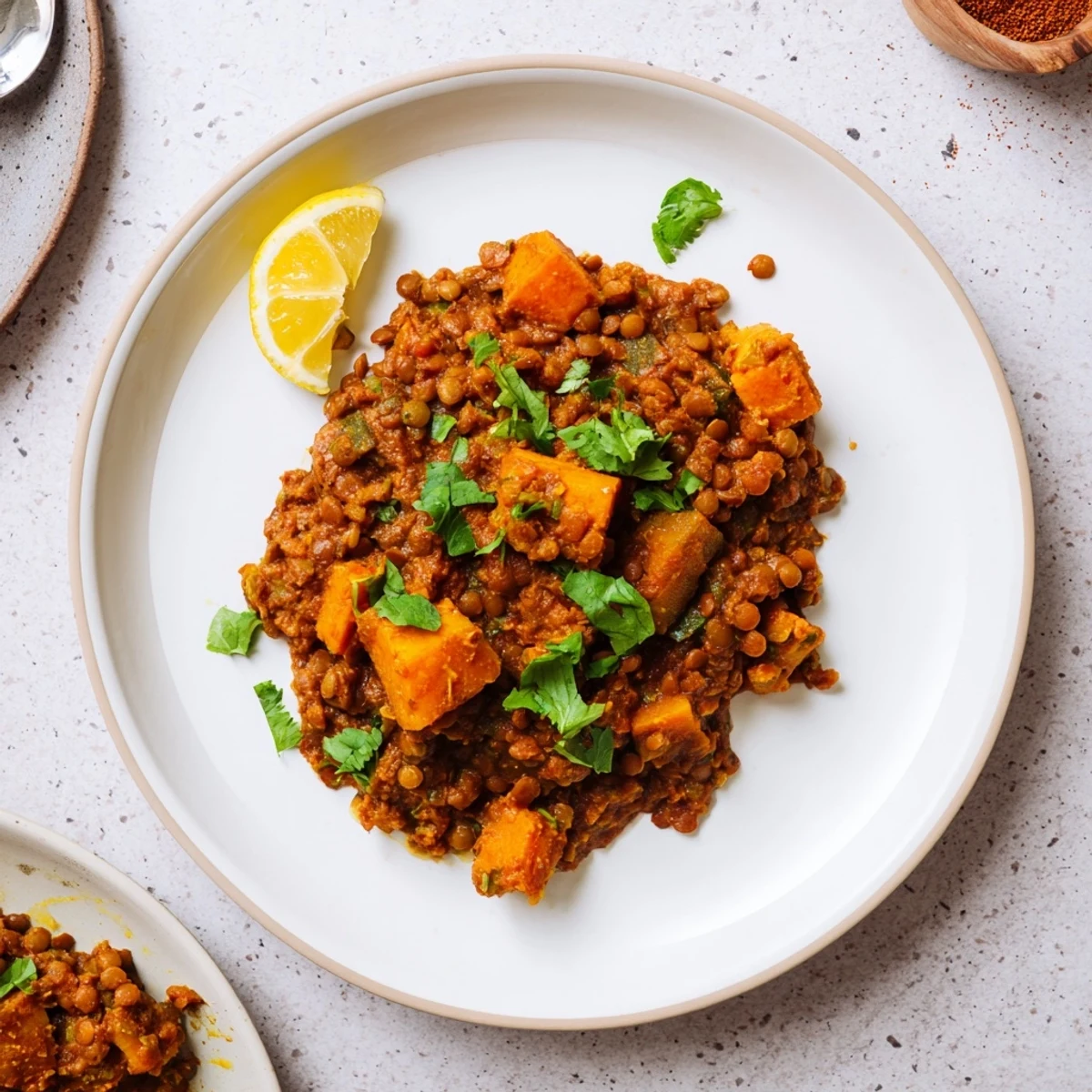 A spoon dips into a hearty bowl of Pumpkin and Lentil Rogan Josh Curry with basmati rice.