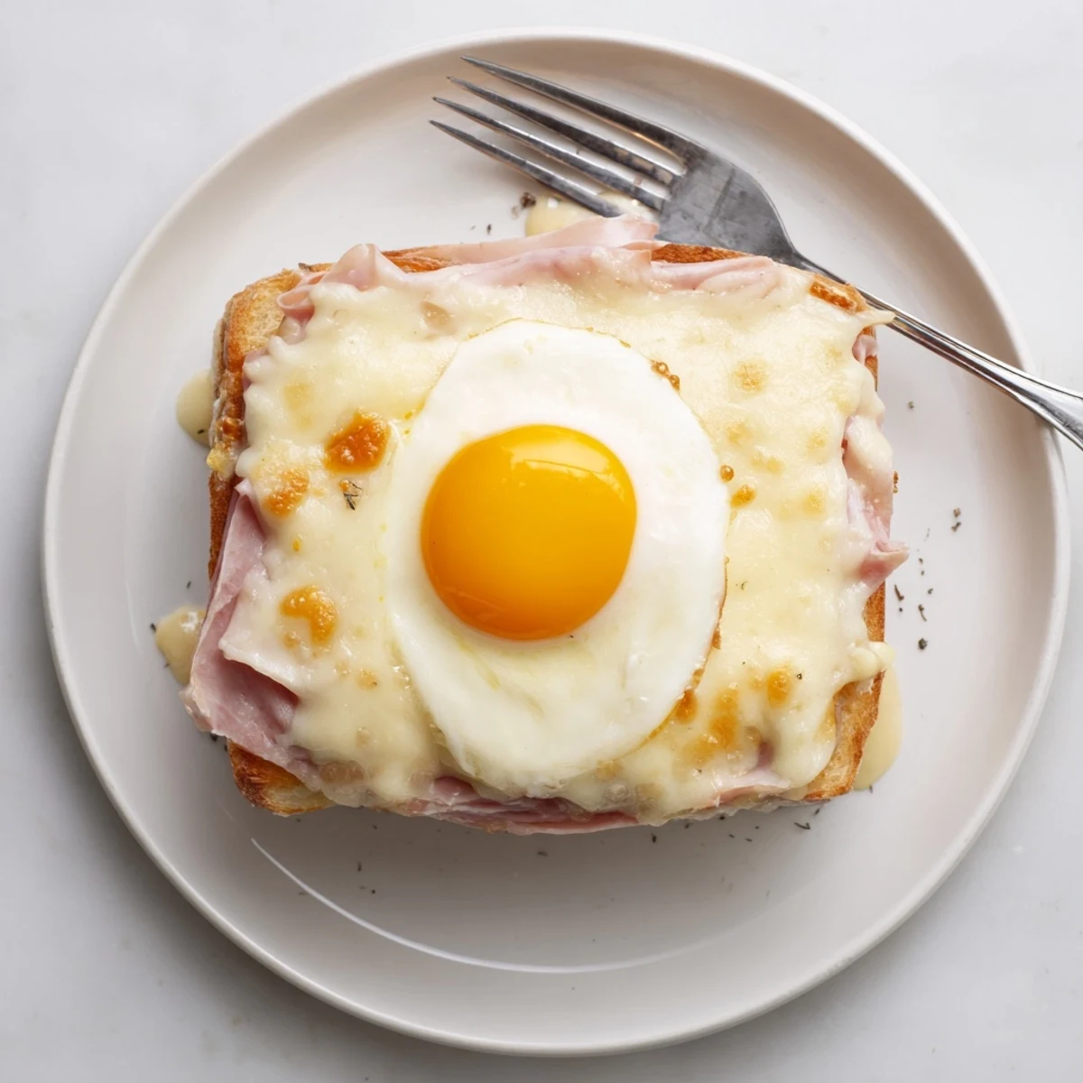 Close-up view of a Croque Madame with melty Gruyère and ham layers, paired with a fresh salad and Dijon mustard.  