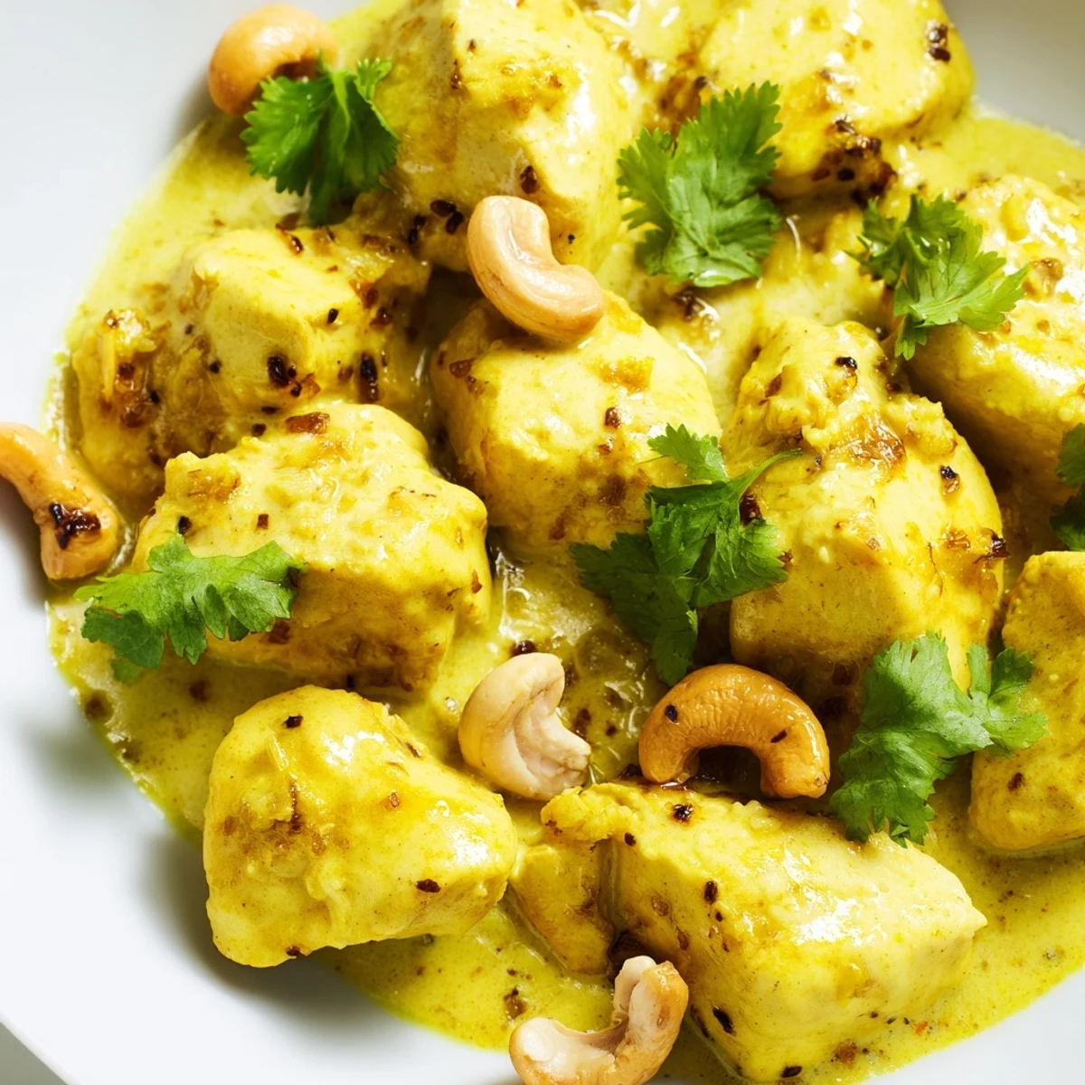 Creamy Sri Lankan Coconut and Cashew Chicken with Saffron Rice served over fluffy, golden grains, garnished with cilantro.