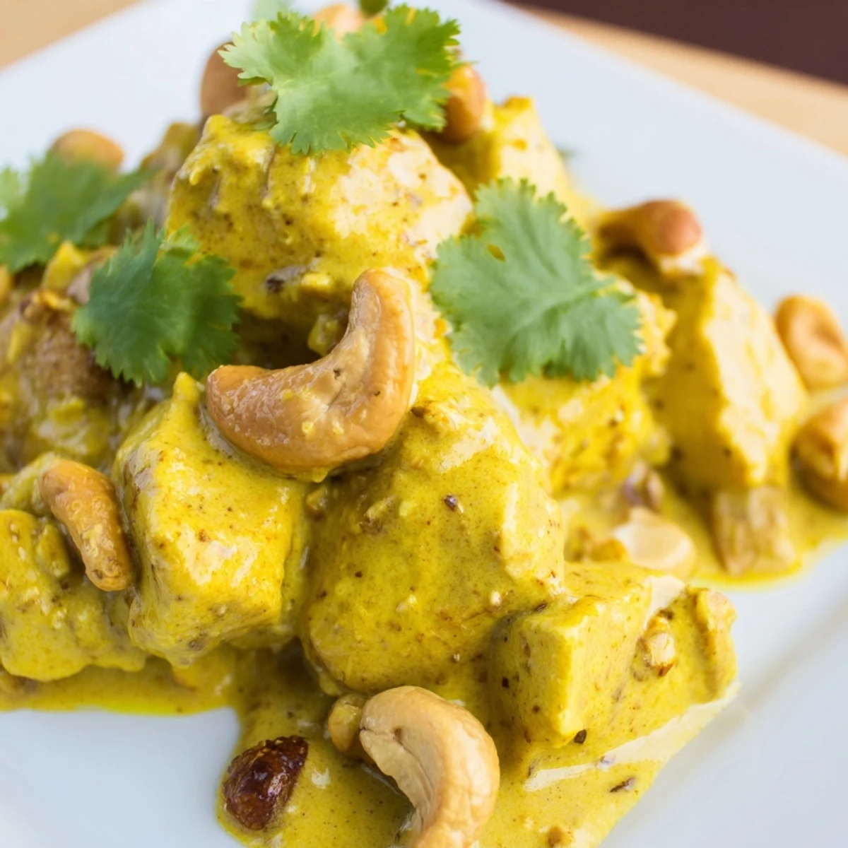 Stoneware bowl of rich Sri Lankan Coconut and Cashew Chicken with Saffron Rice, steaming with savory aroma.