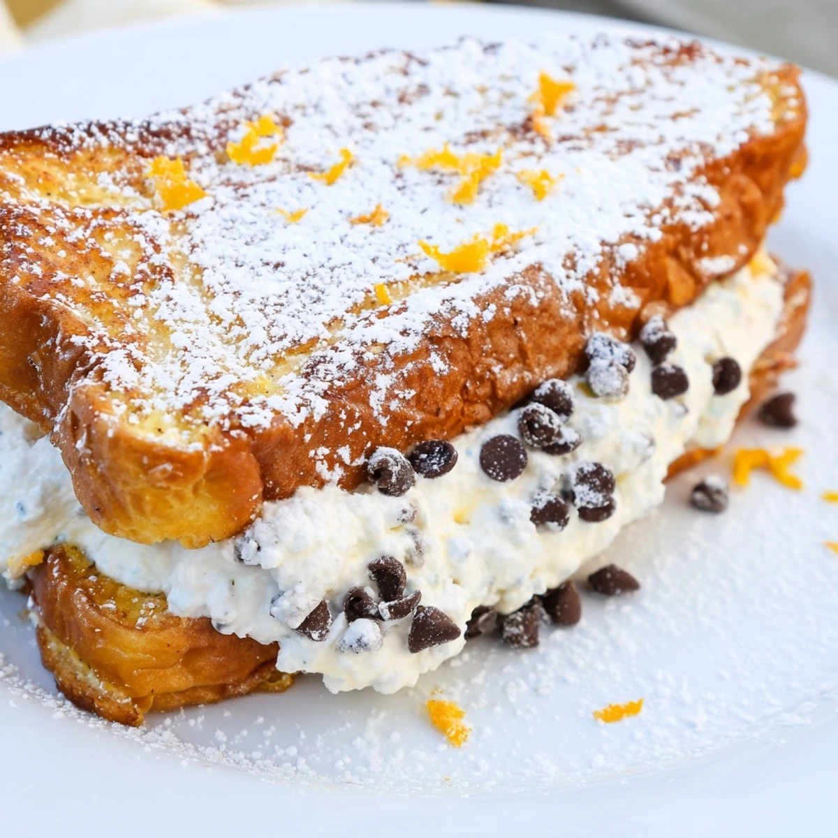 Golden-brown Decadent Cannoli Stuffed French Toast dusted with powdered sugar sits on a white plate with fresh berries.