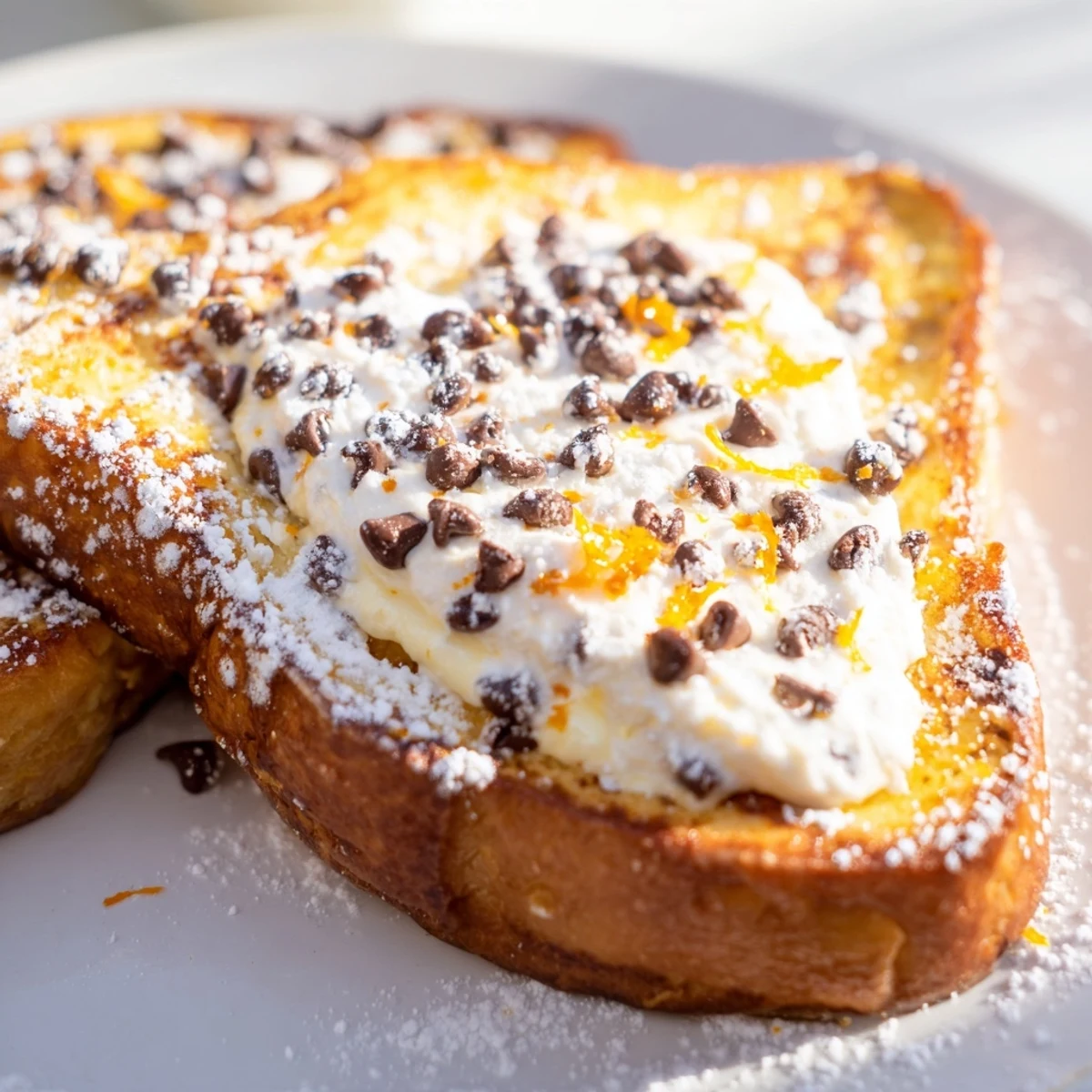 Stacked Decadent Cannoli Stuffed French Toast glistens with maple syrup, showing chocolate chips and a side of espresso.