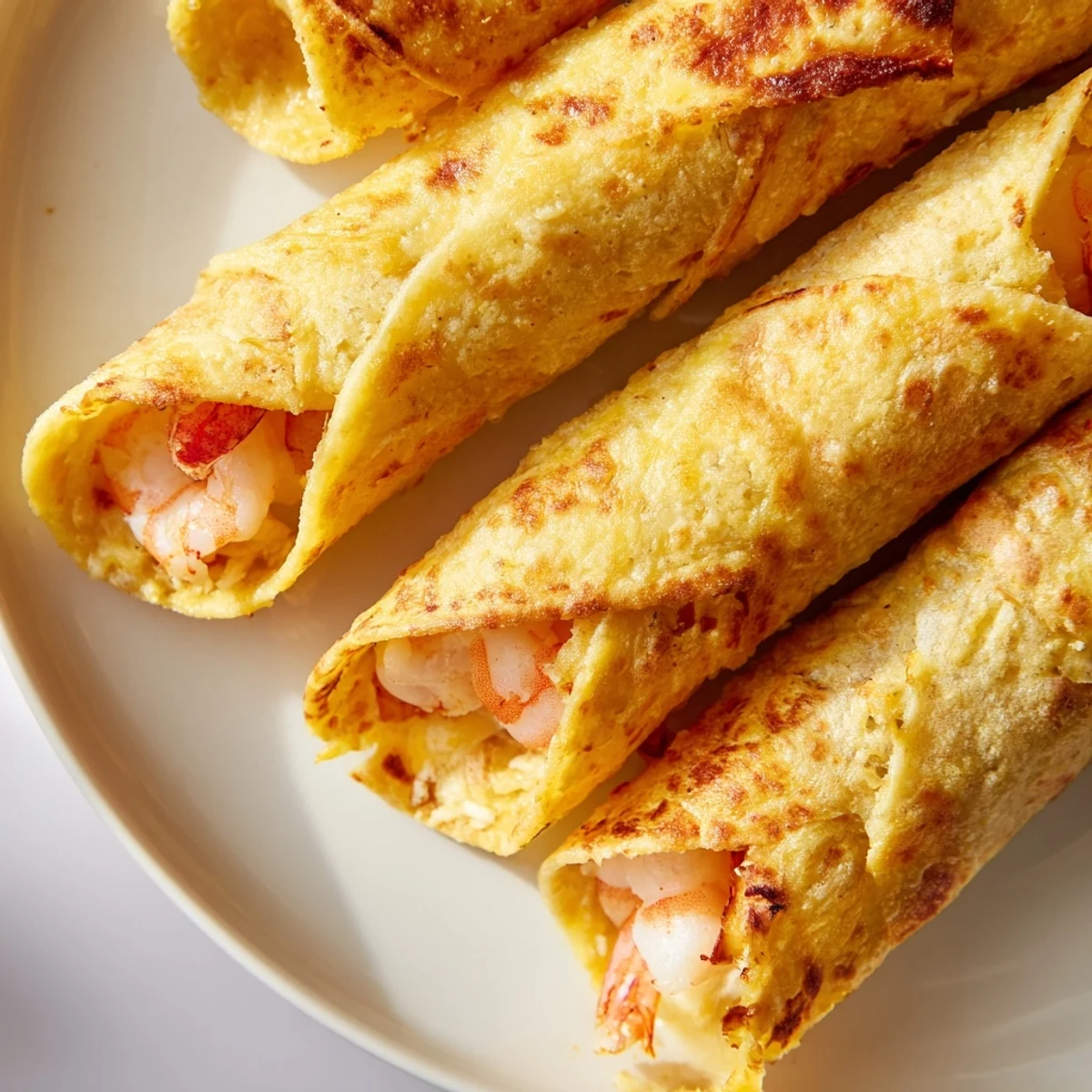 A close-up of Crispy Shrimp Avocado Taquitos on a plate with lime wedges and salsa.