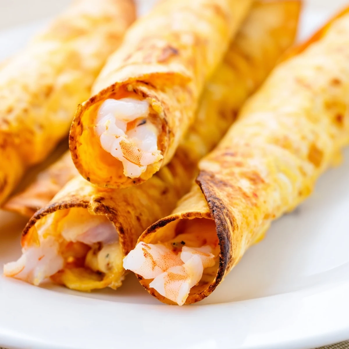 Freshly fried Crispy Shrimp Avocado Taquitos stacked high, garnished with cilantro and dipping sauce.