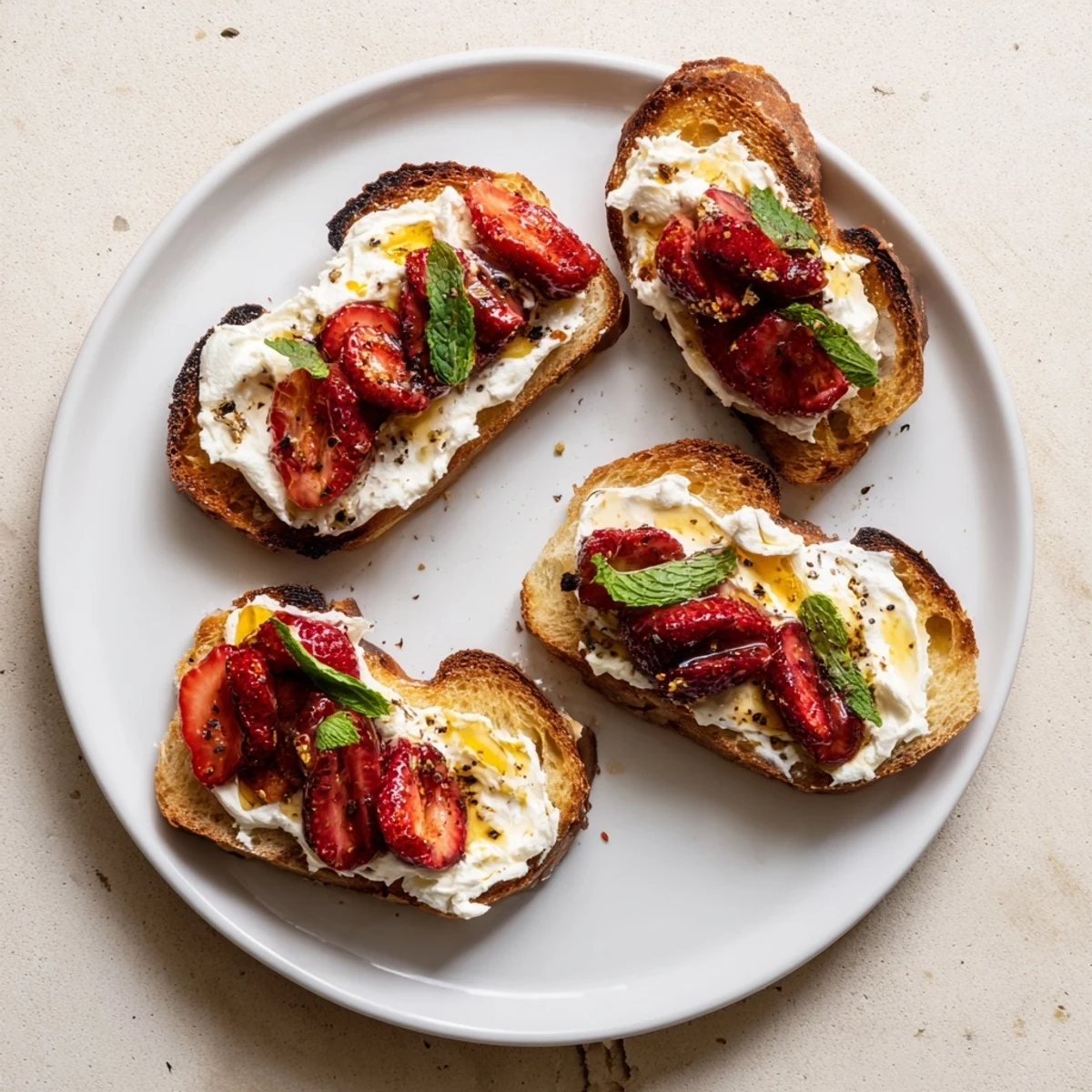 A slice of Roasted Strawberry Whipped Ricotta Toast lifted to reveal crunchy sourdough and glistening roasted strawberry topping.