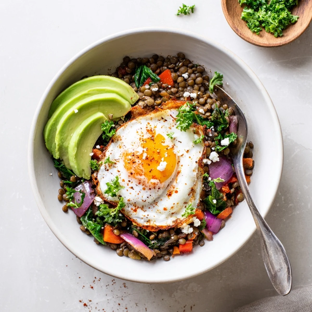 Creamy avocado slices and a runny egg top this Savory Lentil Breakfast Bowl with sautéed bell peppers.